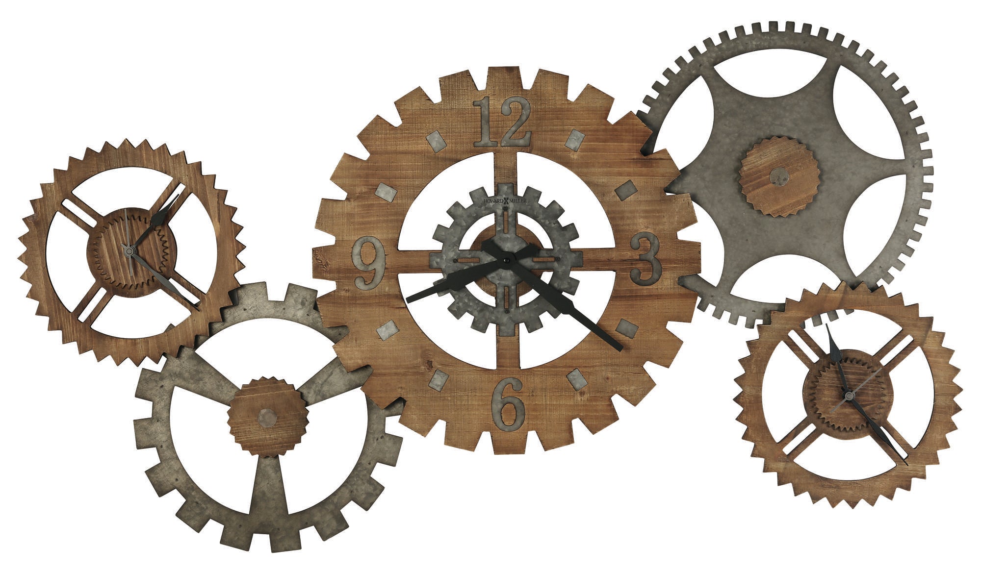 A decorative wall clock featuring rustic wooden gears and metallic accents.