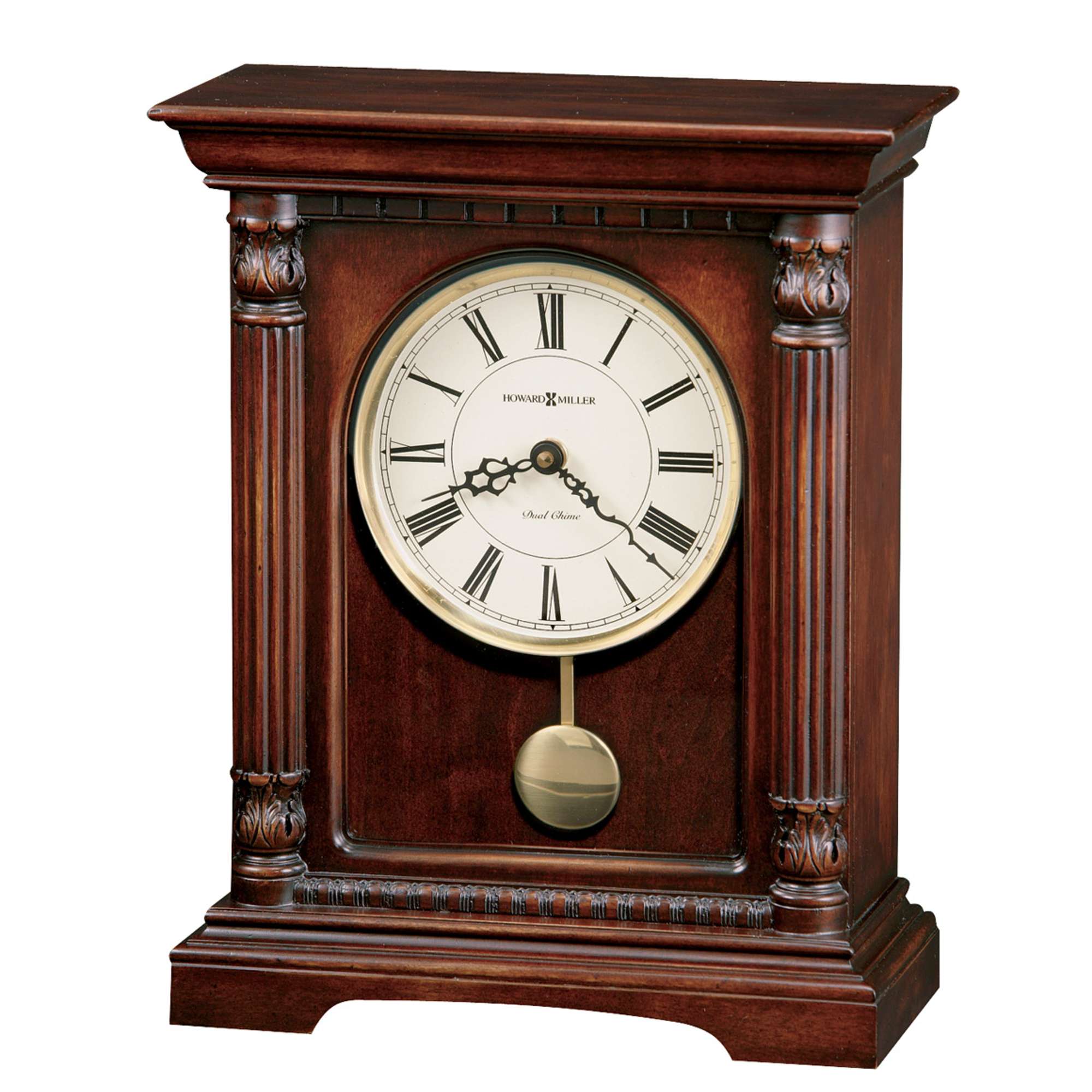 A classic wooden mantel clock with Roman numerals and a pendulum.