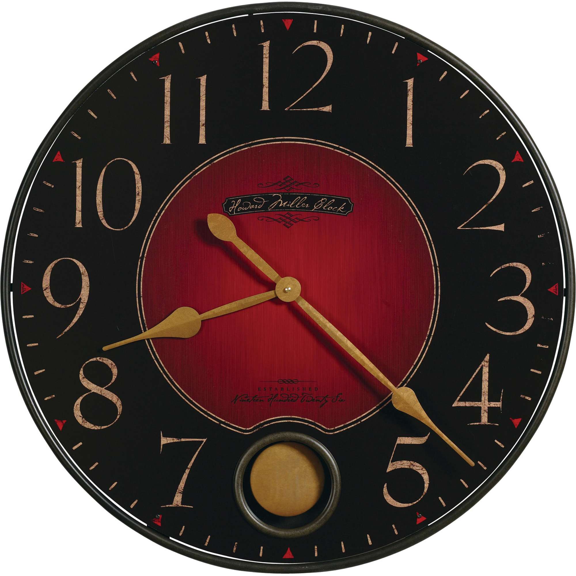 Vintage-style round clock with black background and red dial