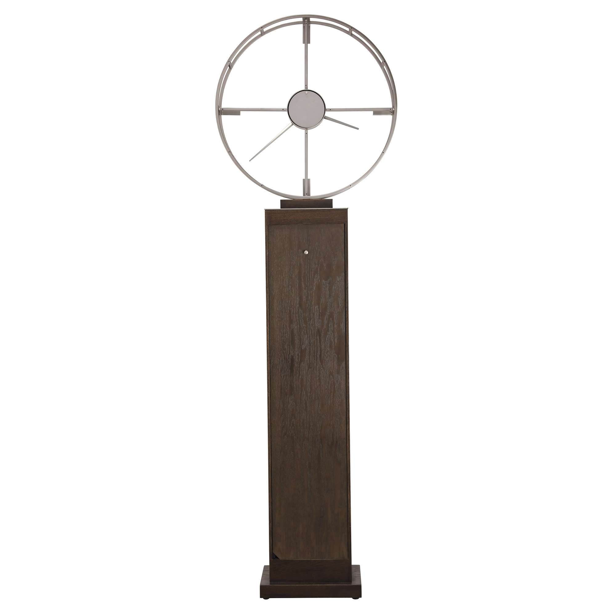 A modern decorative pedestal with a circular metal accent at the top.