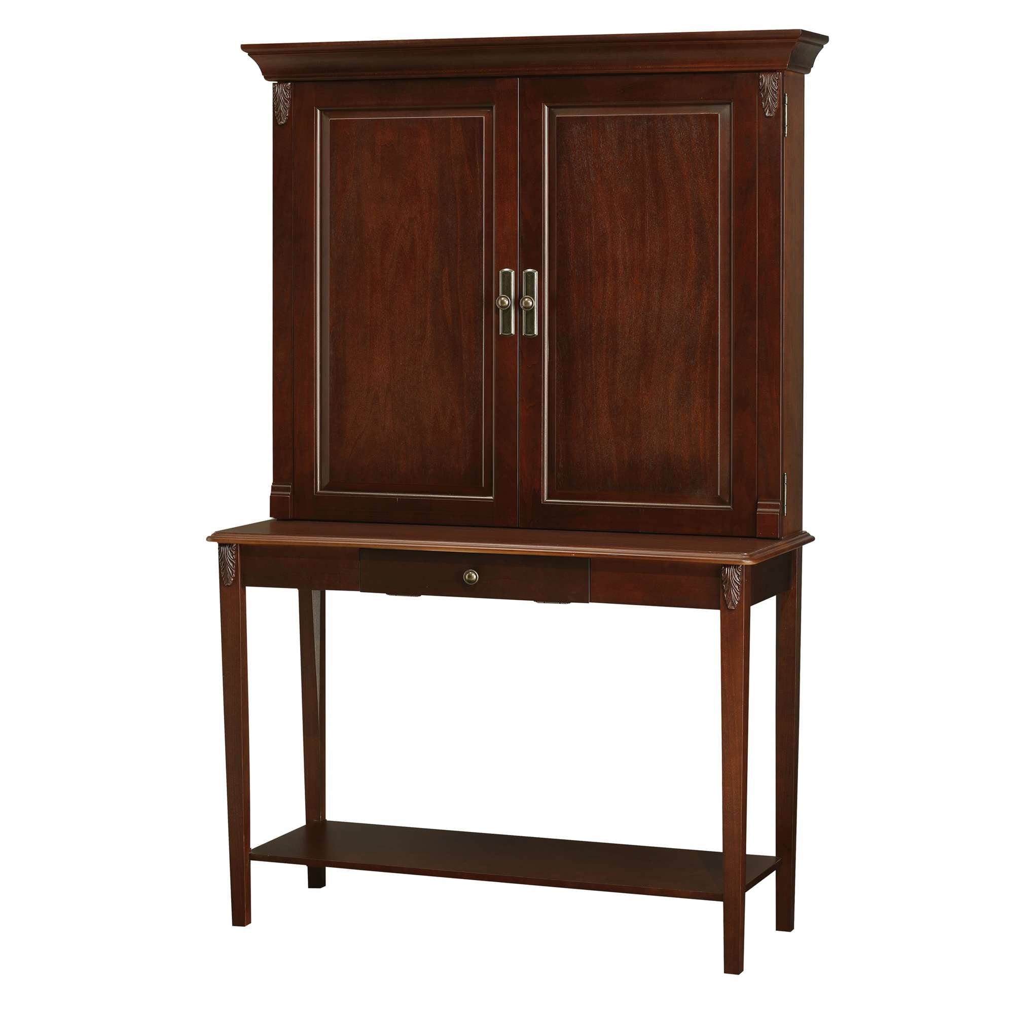 A wooden cabinet with double doors, a drawer, and an open shelf below.