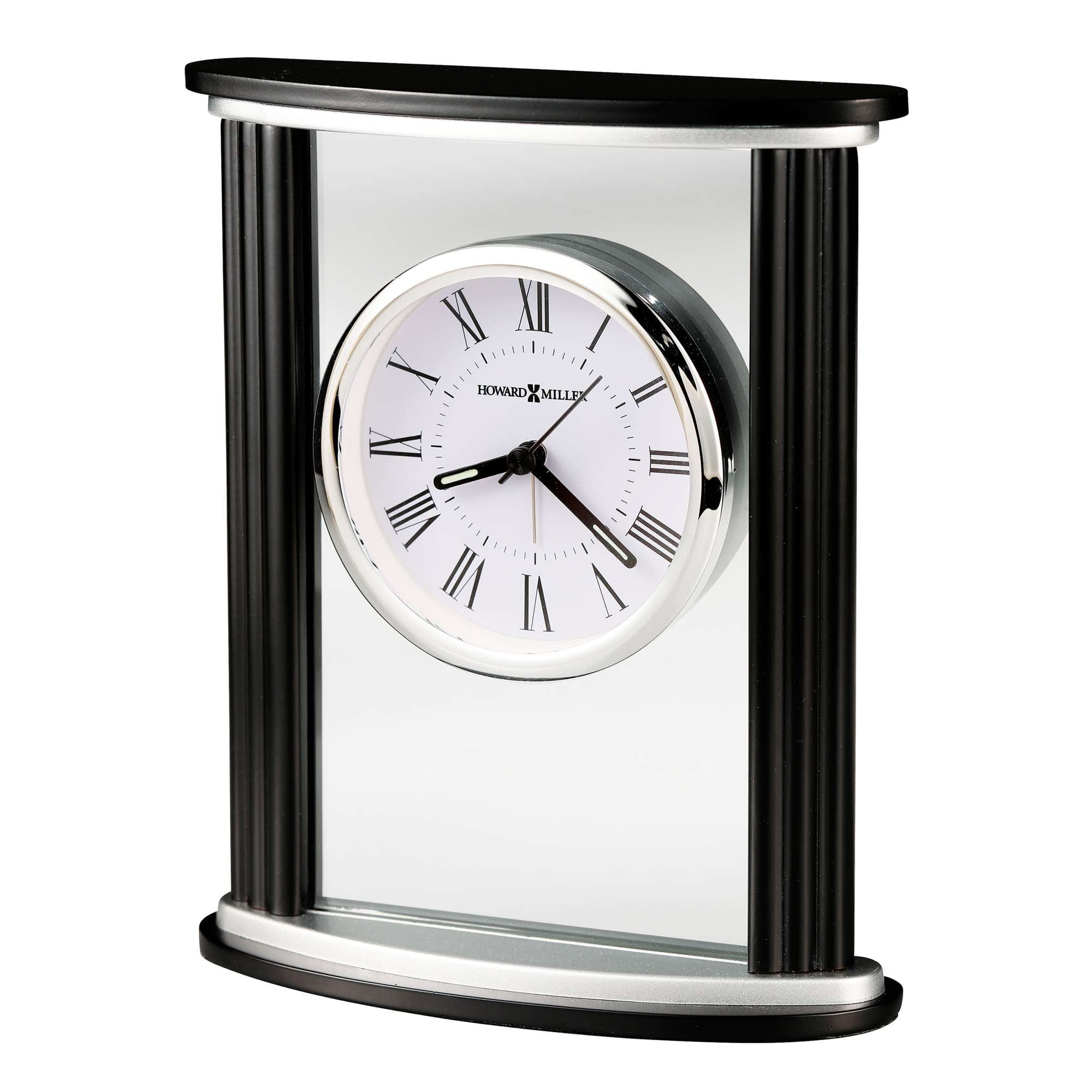Stylish wall clock with Roman numerals and a sleek black and silver design.