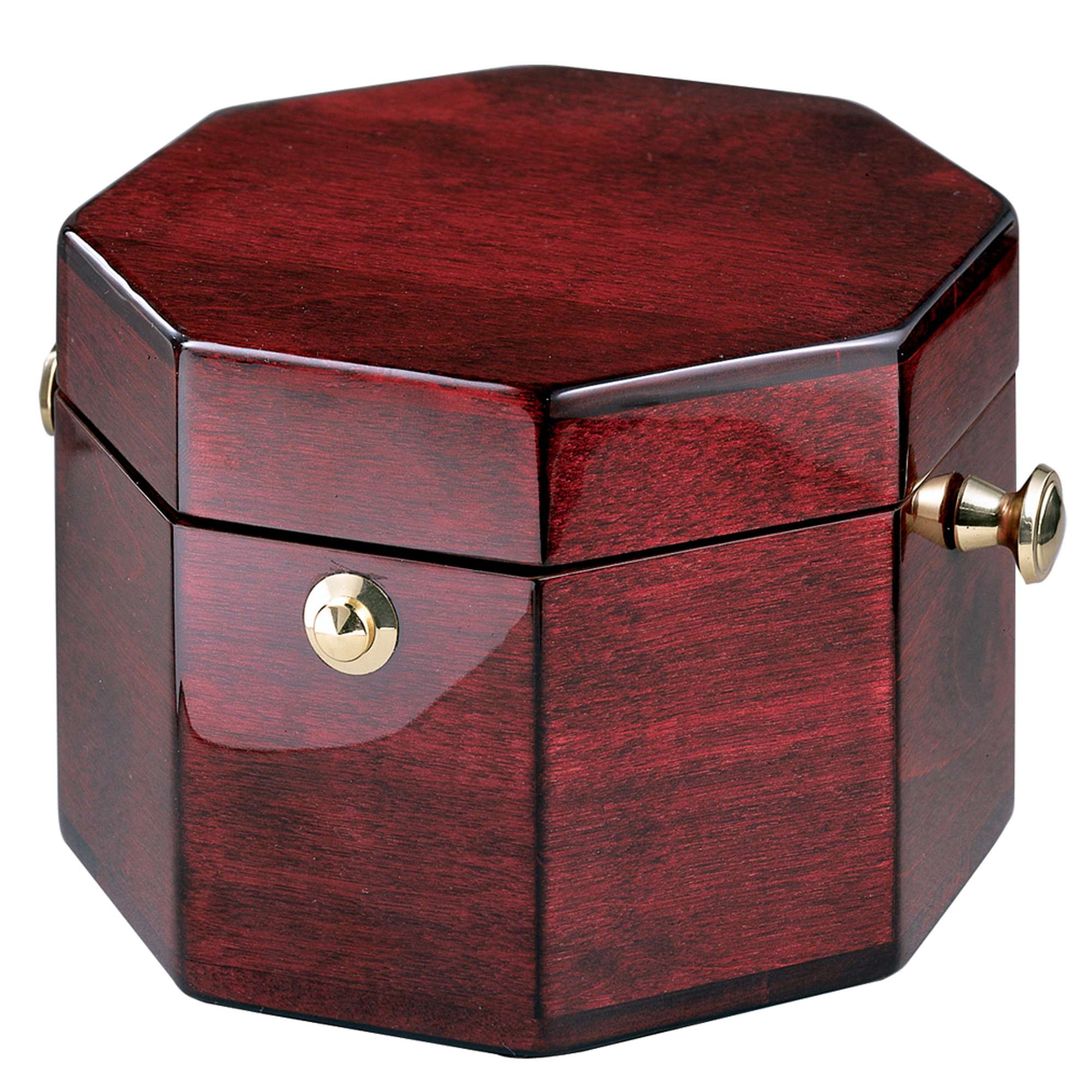 A red octagonal wooden box with a gold knob.