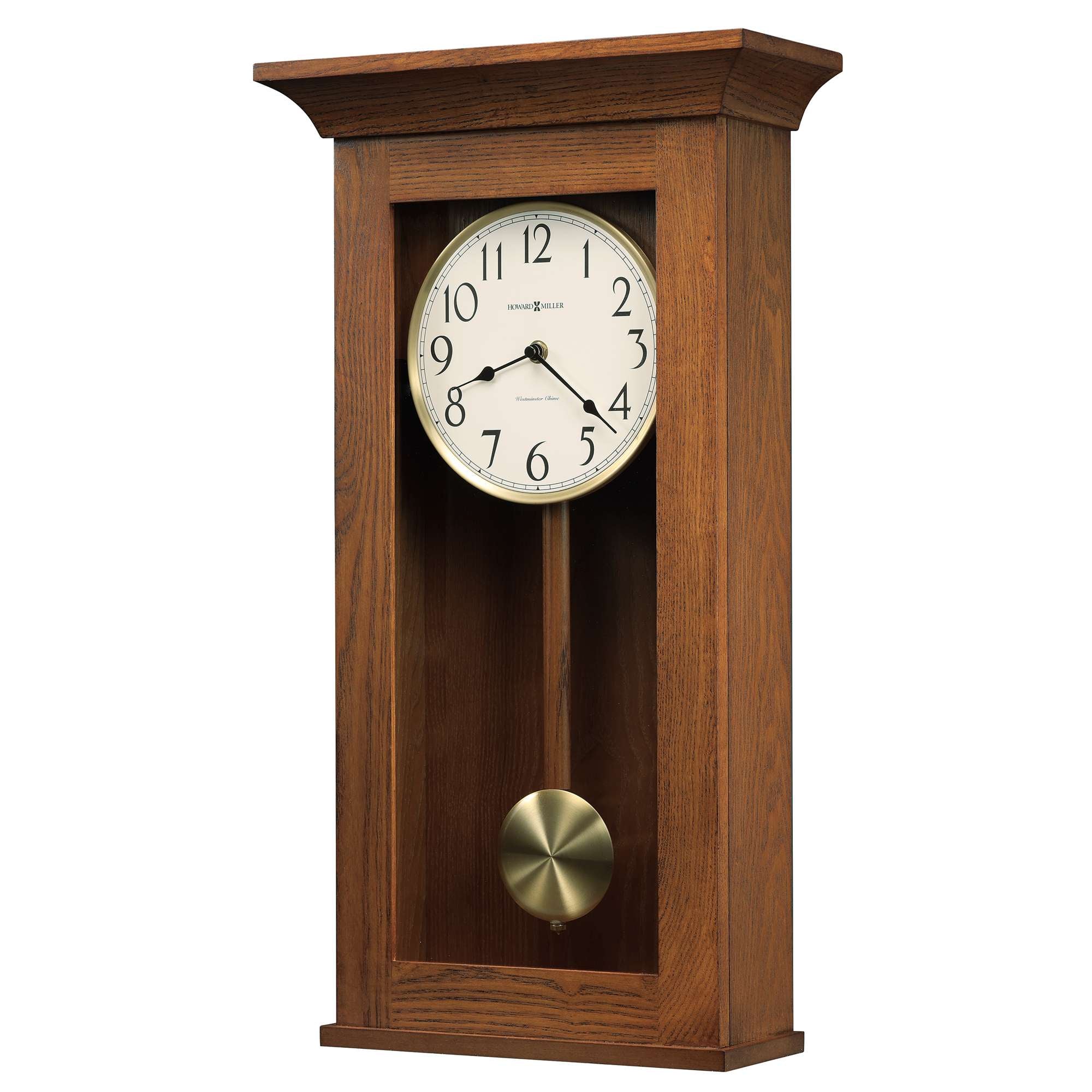 Wooden wall clock with a pendulum and large numbered face