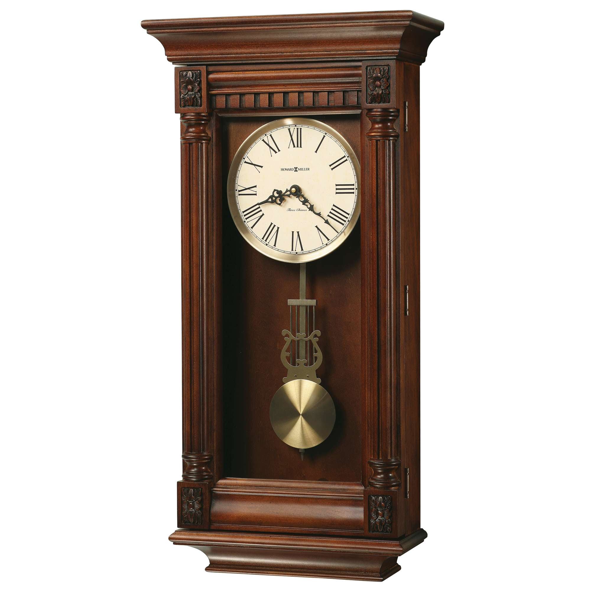 A vintage wooden wall clock with a round face and Roman numerals.