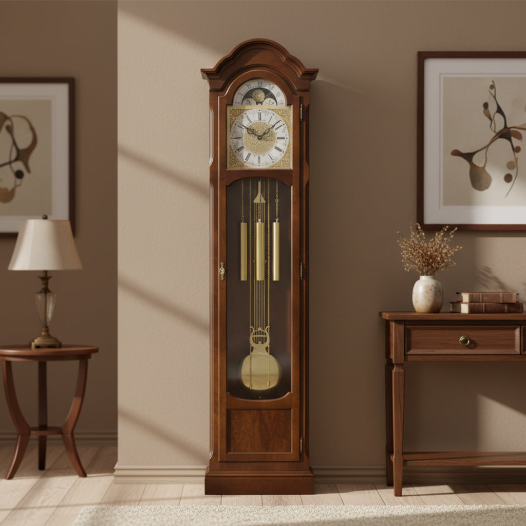 Elegant wooden grandfather clock in a stylish interior setting