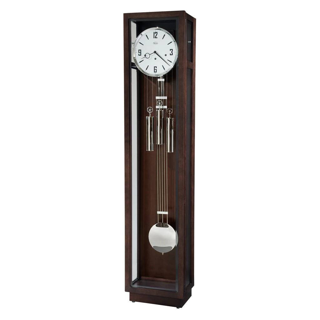 Elegant wood grain tall clock with white dial and chrome pendulum, modern design perfect for home decor.