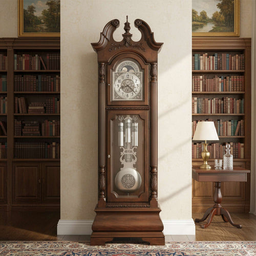 A vintage wooden grandfather clock in a styled room with bookshelves.