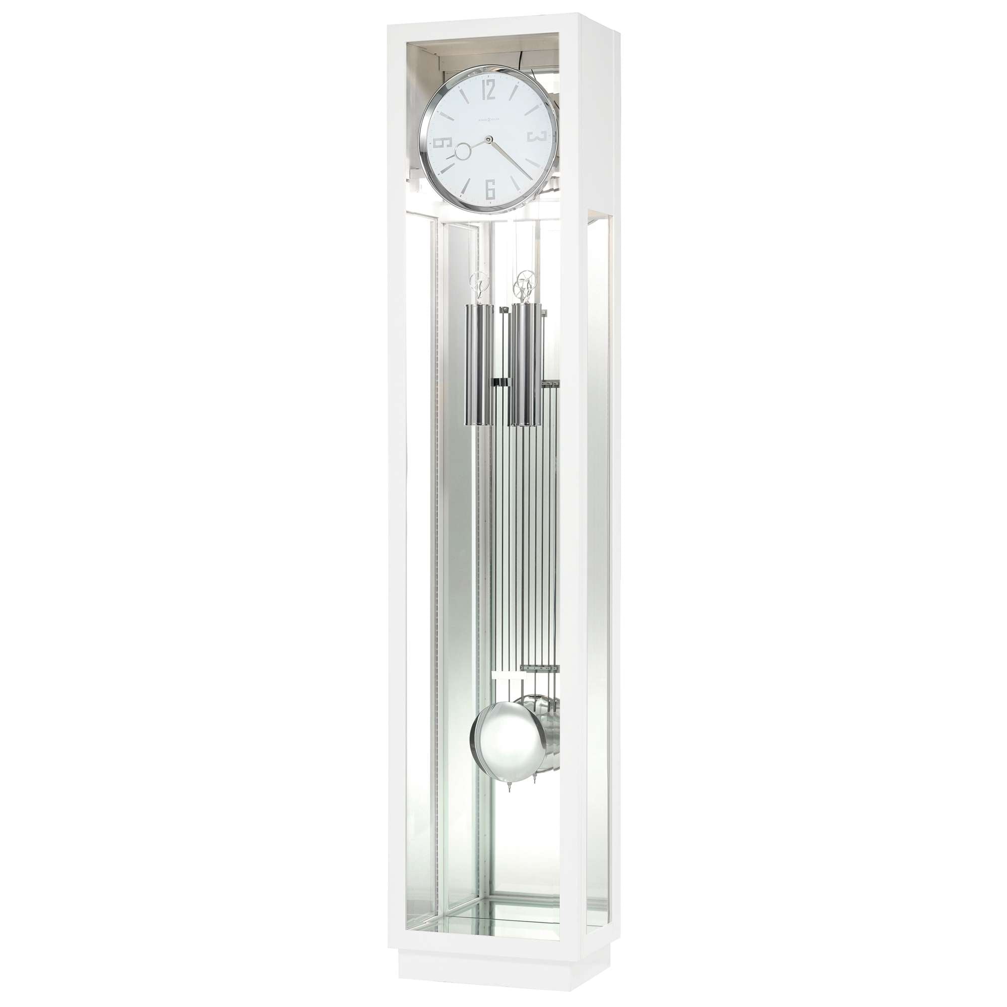 A modern glass pendulum clock with a white case.