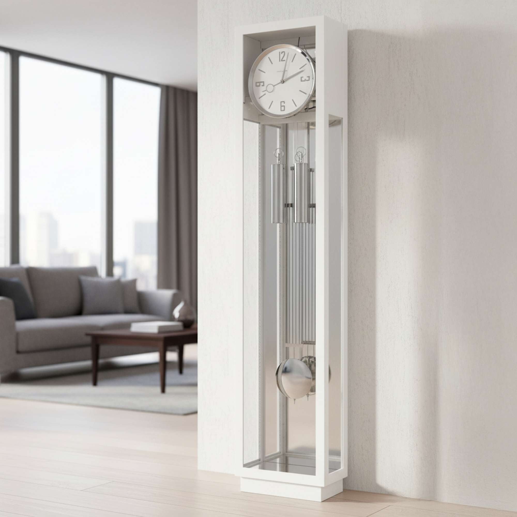 Modern wall clock with pendulum in a minimalist living room