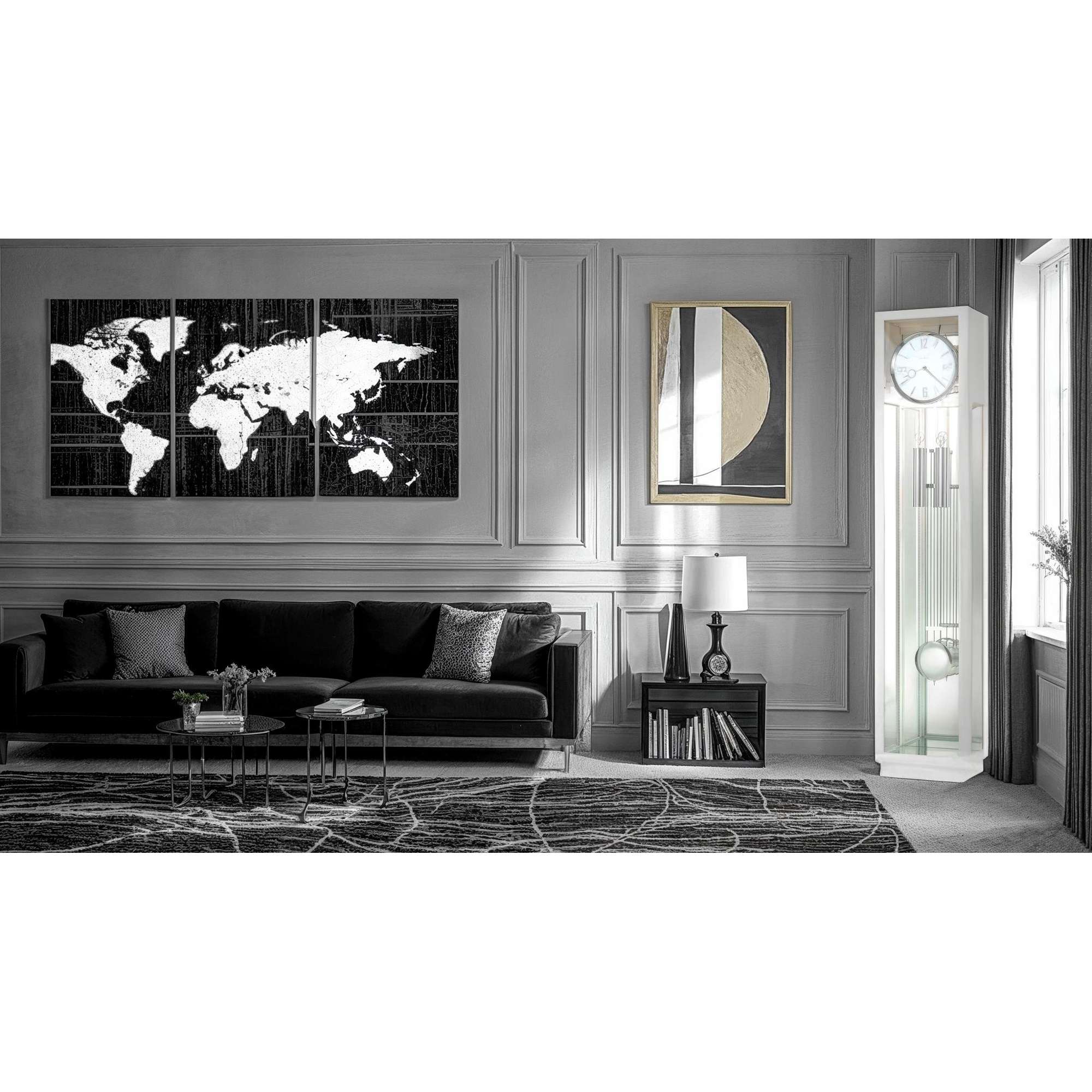Modern living room with a world map, abstract artwork, and a tall clock
