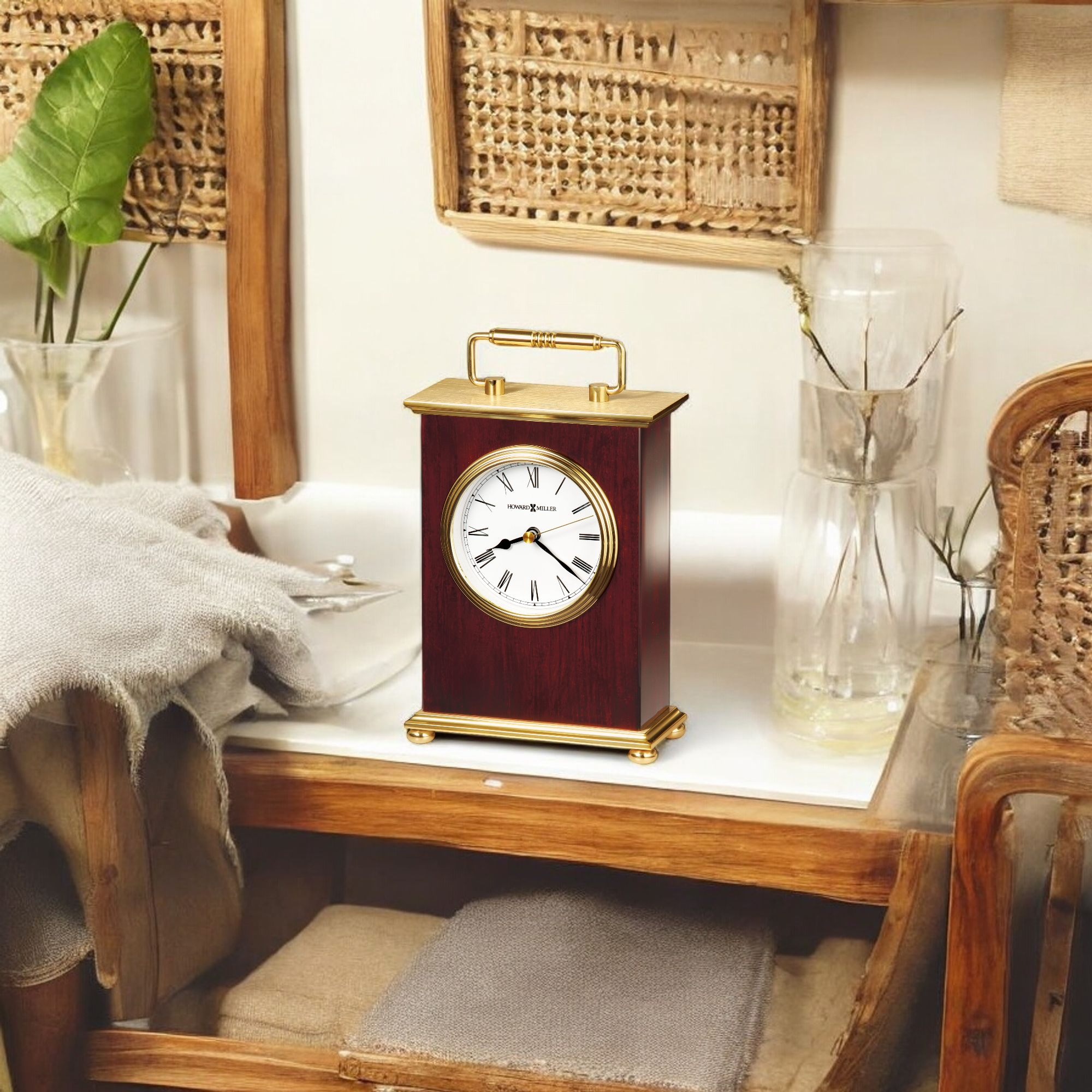 Elegant wooden clock with gold accents on a bathroom countertop