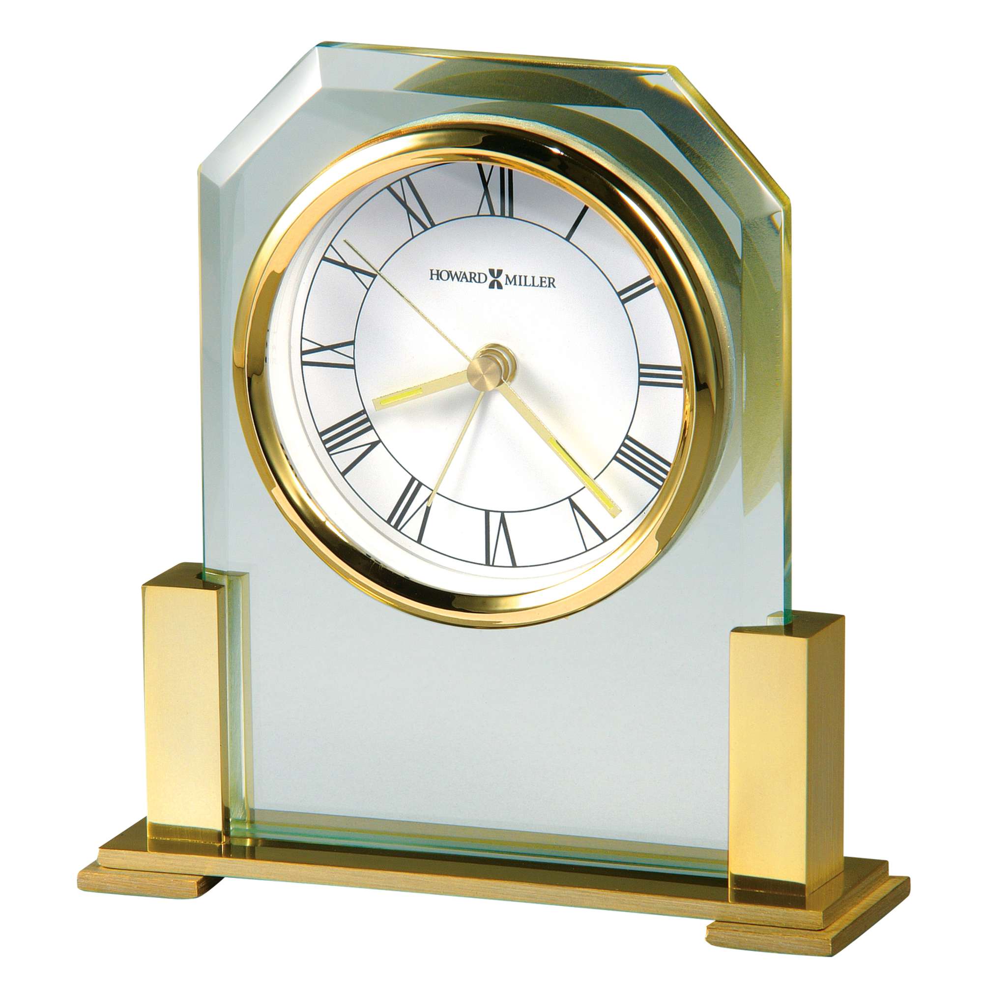 A decorative glass and gold tabletop clock with Roman numerals.