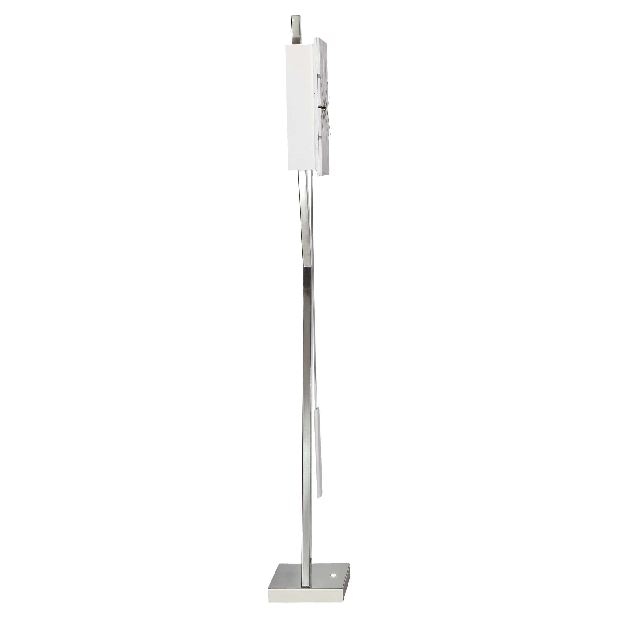 A modern floor lamp with a sleek metal design and a white lampshade.