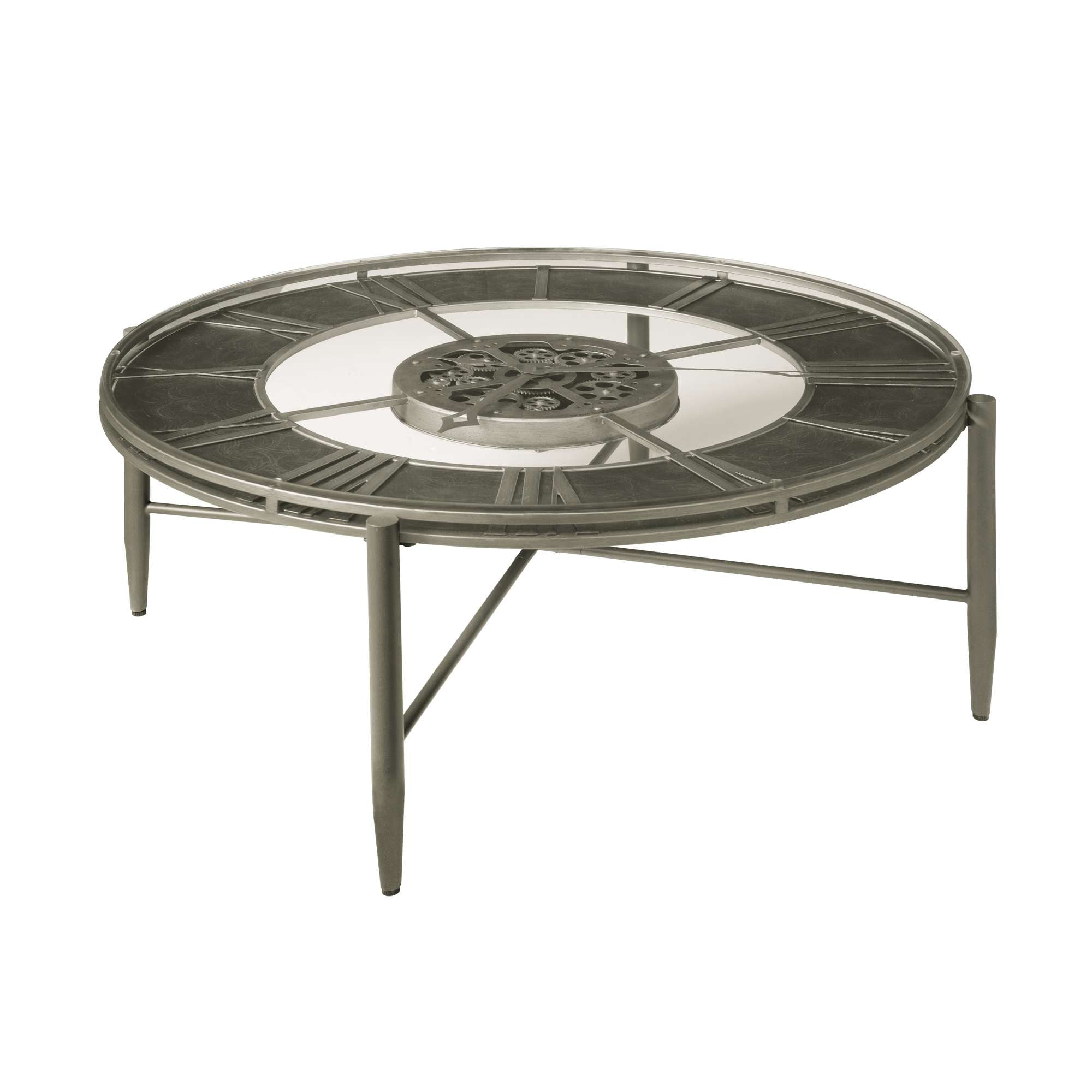 Round metal coffee table with intricate design and four legs