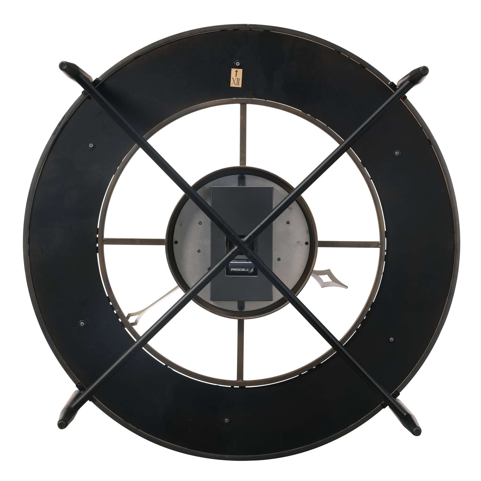 Top view of a circular object with a central hub and crossbars.