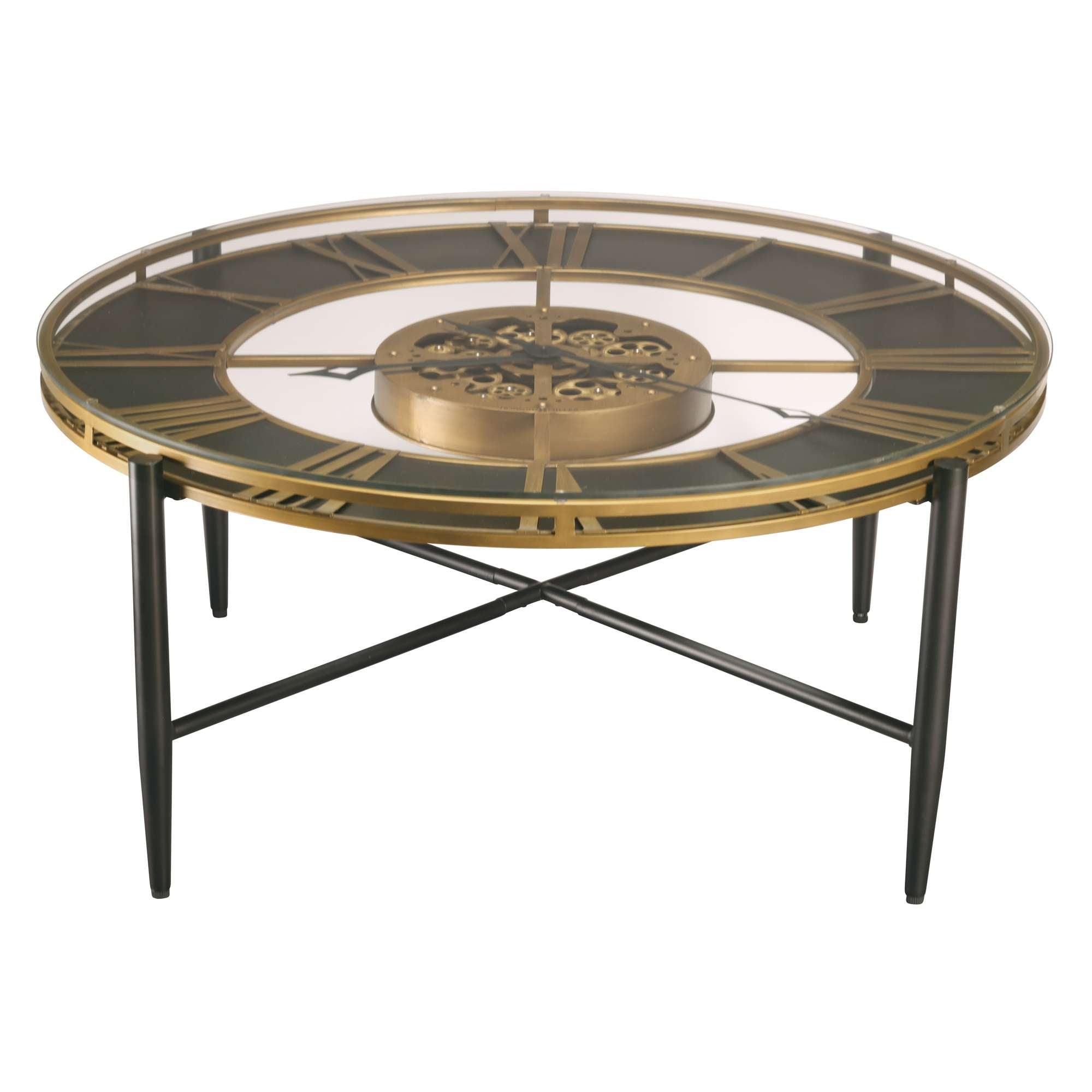 Round coffee table with a clock design and black legs