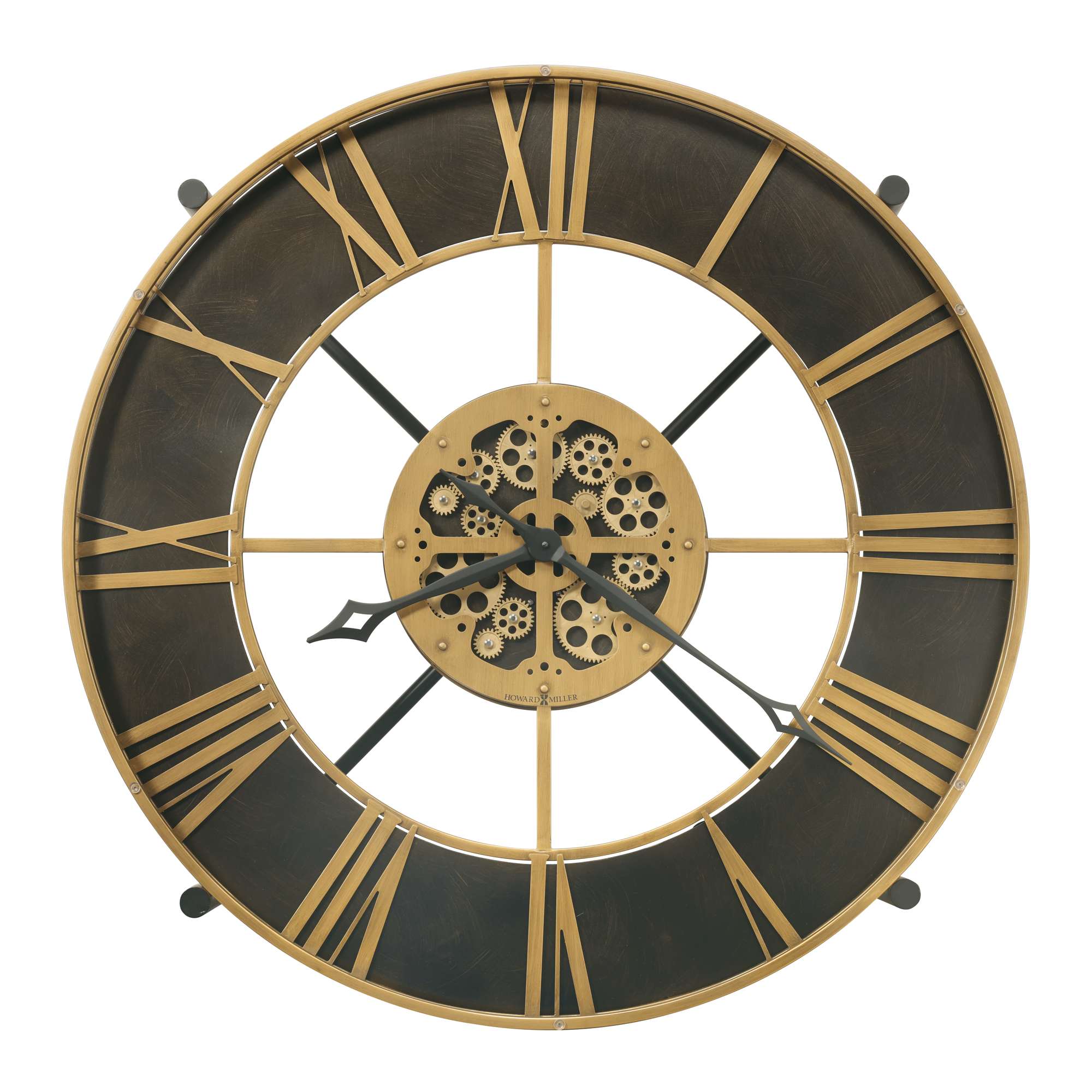 Round wall clock with vintage Roman numerals and visible gears