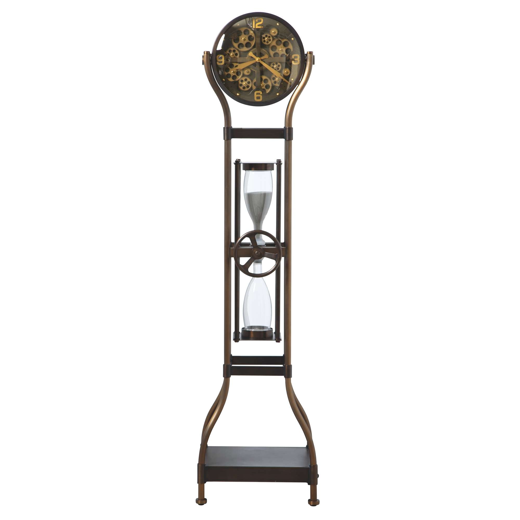 A tall, vintage-style floor clock with a black and gold clock face, featuring an hourglass and a wooden base.