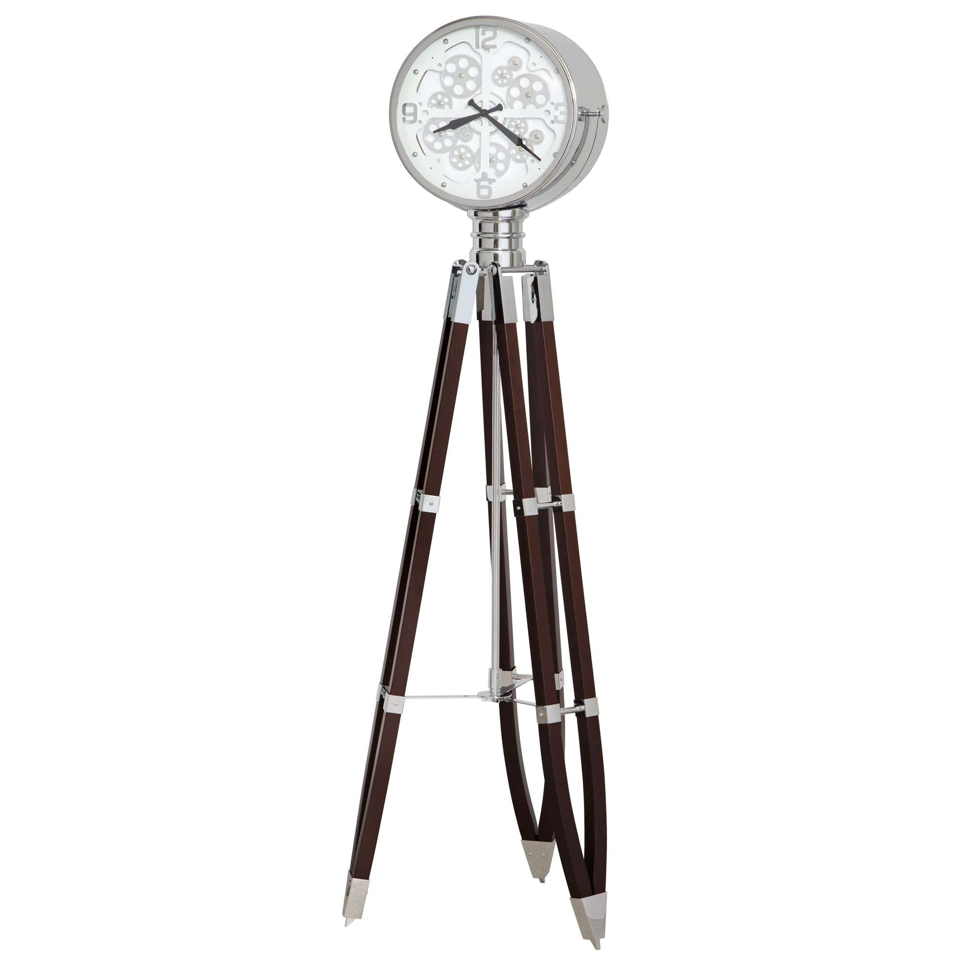 A modern floor clock with a round silver face and dark wooden tripod legs.