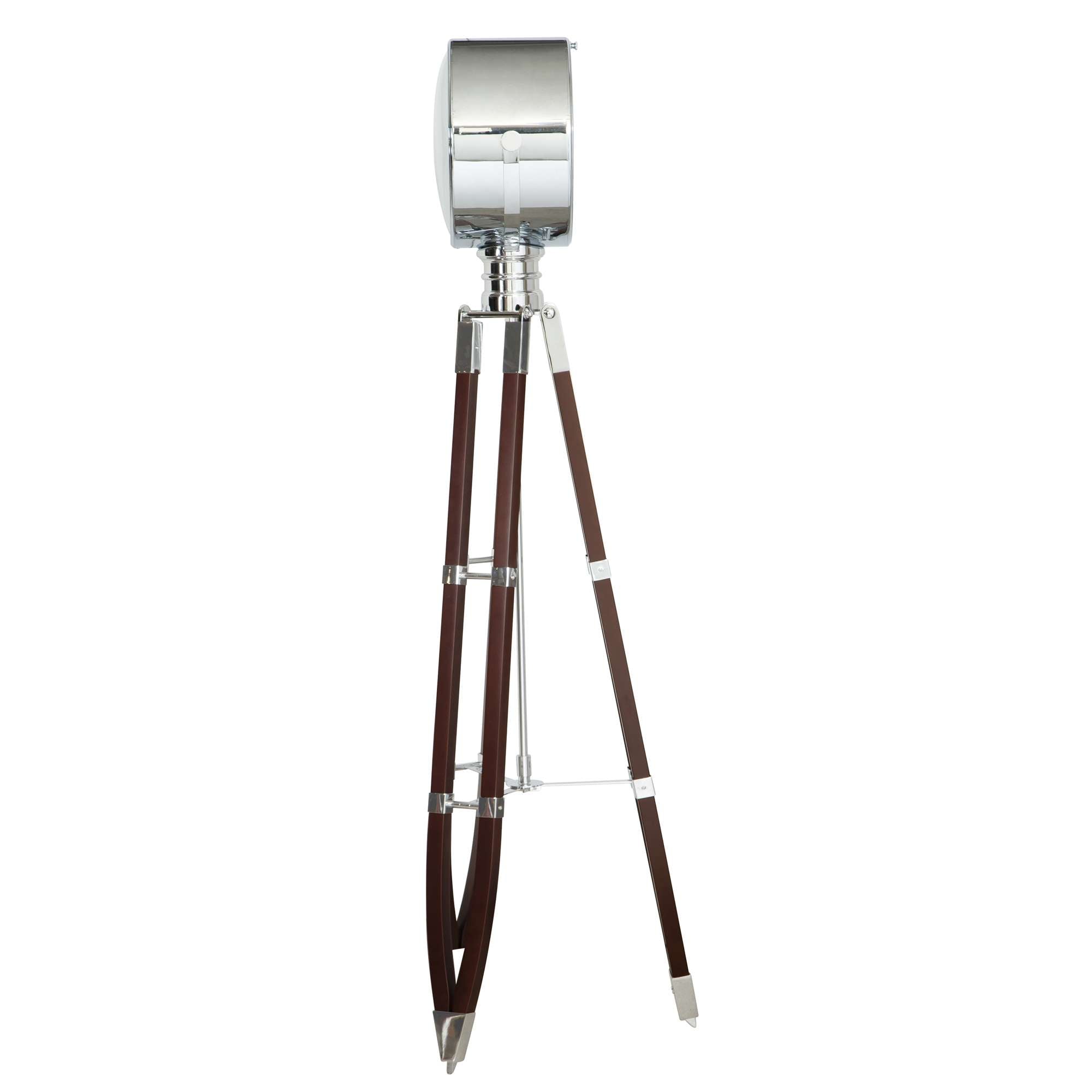 A modern floor lamp with a chrome shade and brown wooden tripod legs.