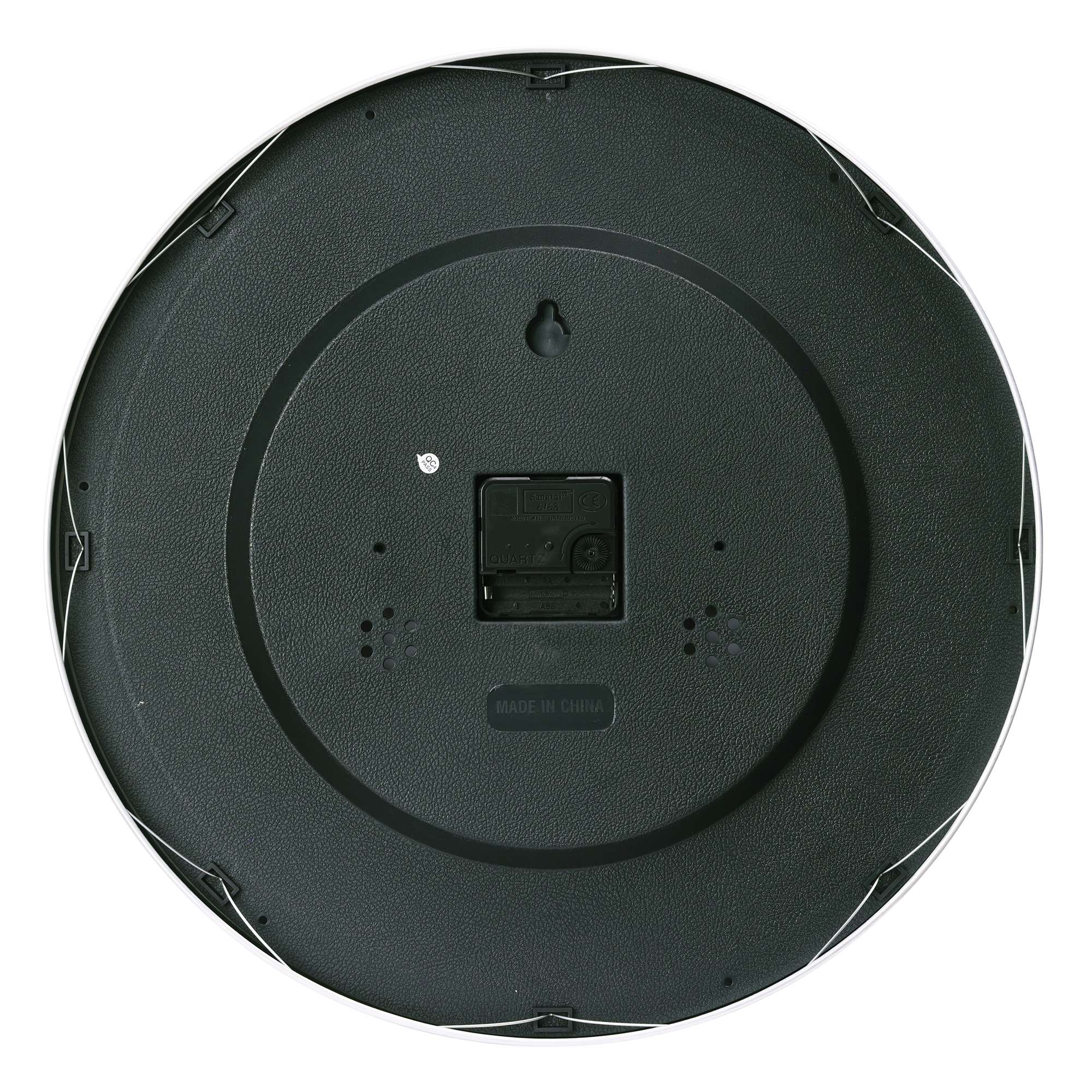 Bottom view of a circular device with a black surface and control panel.
