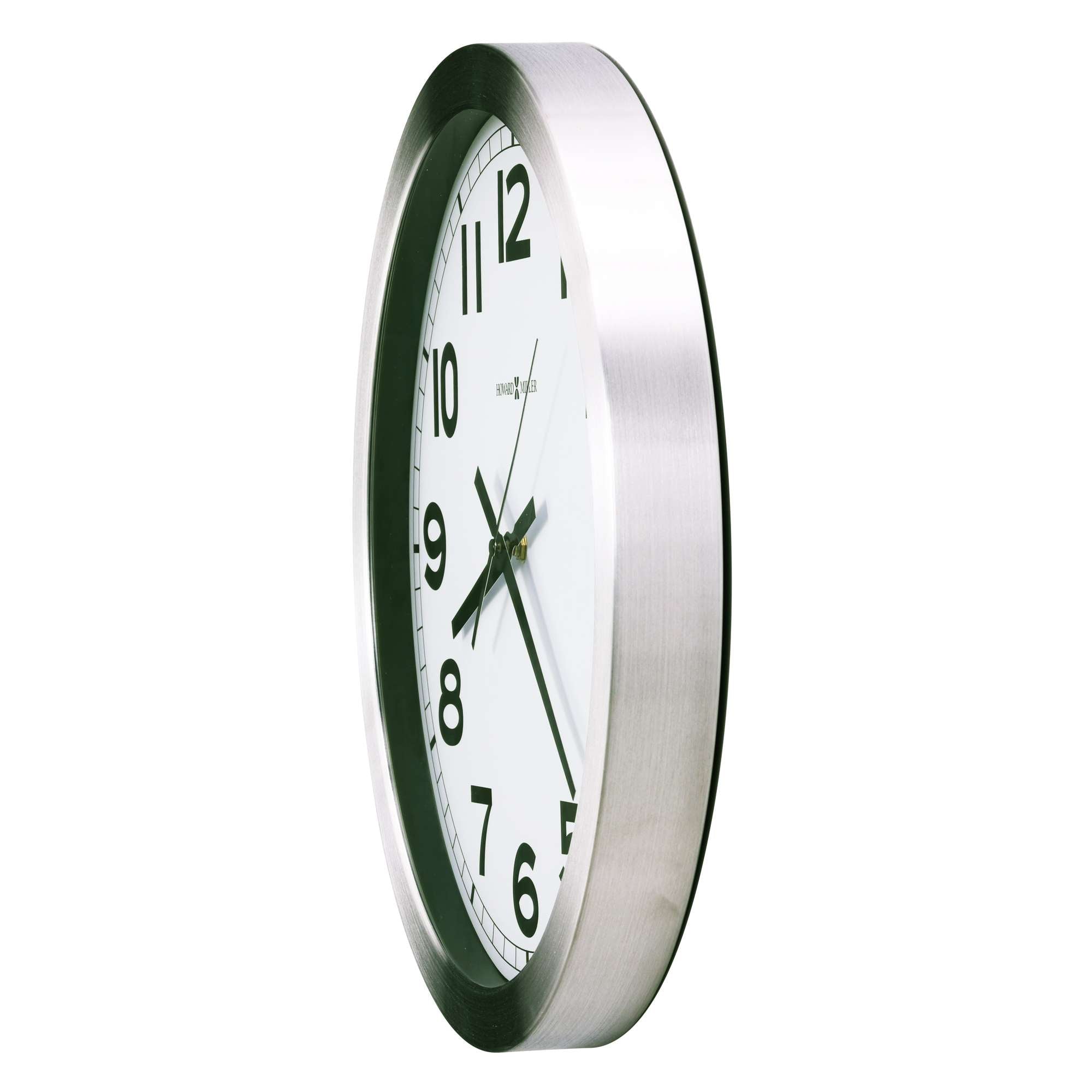 Modern round wall clock with a silver frame and large black numbers