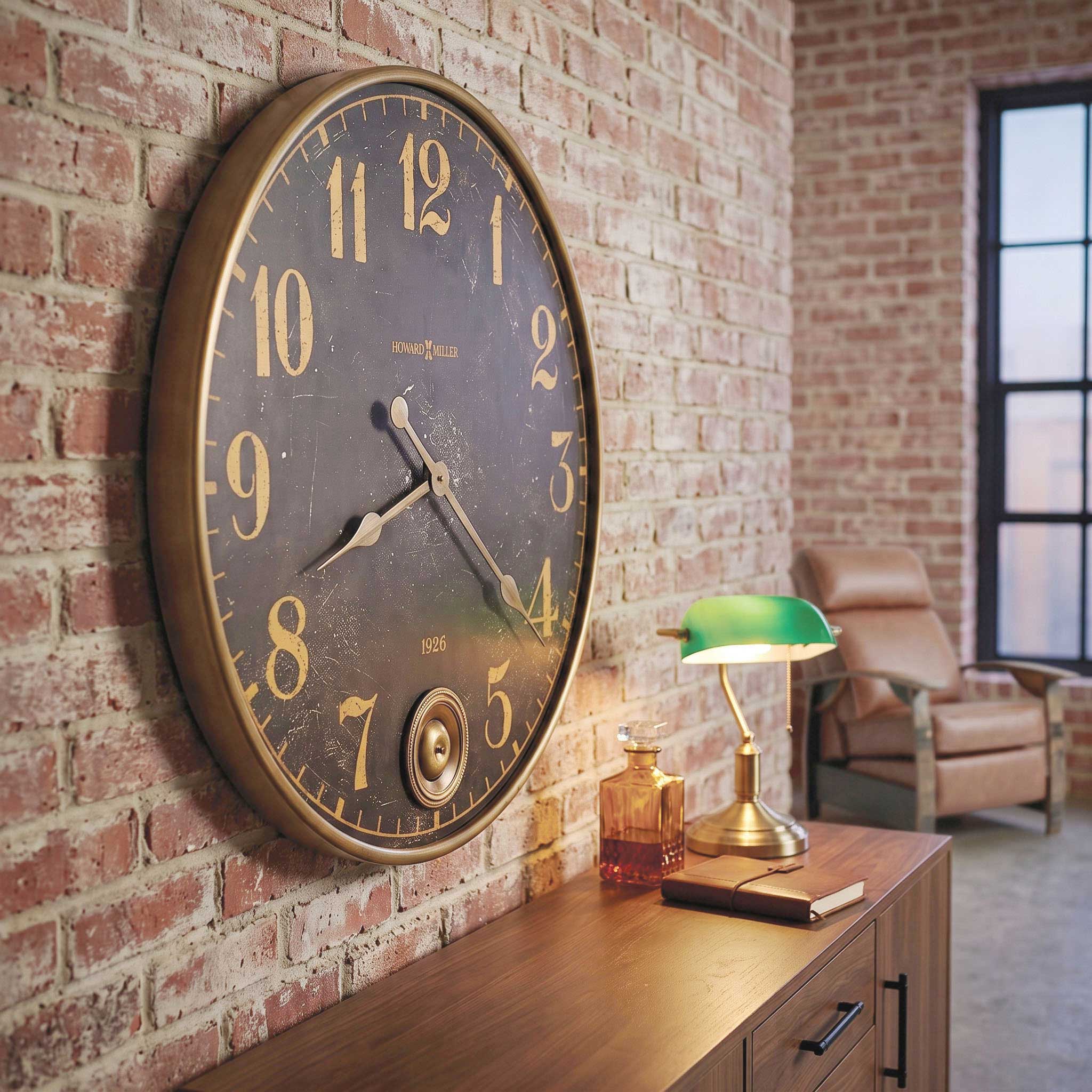 A large round vintage-style wall clock with a distressed dark face and gold numerals, mounted on a brick wall above a wooden console table in a loft-style room.