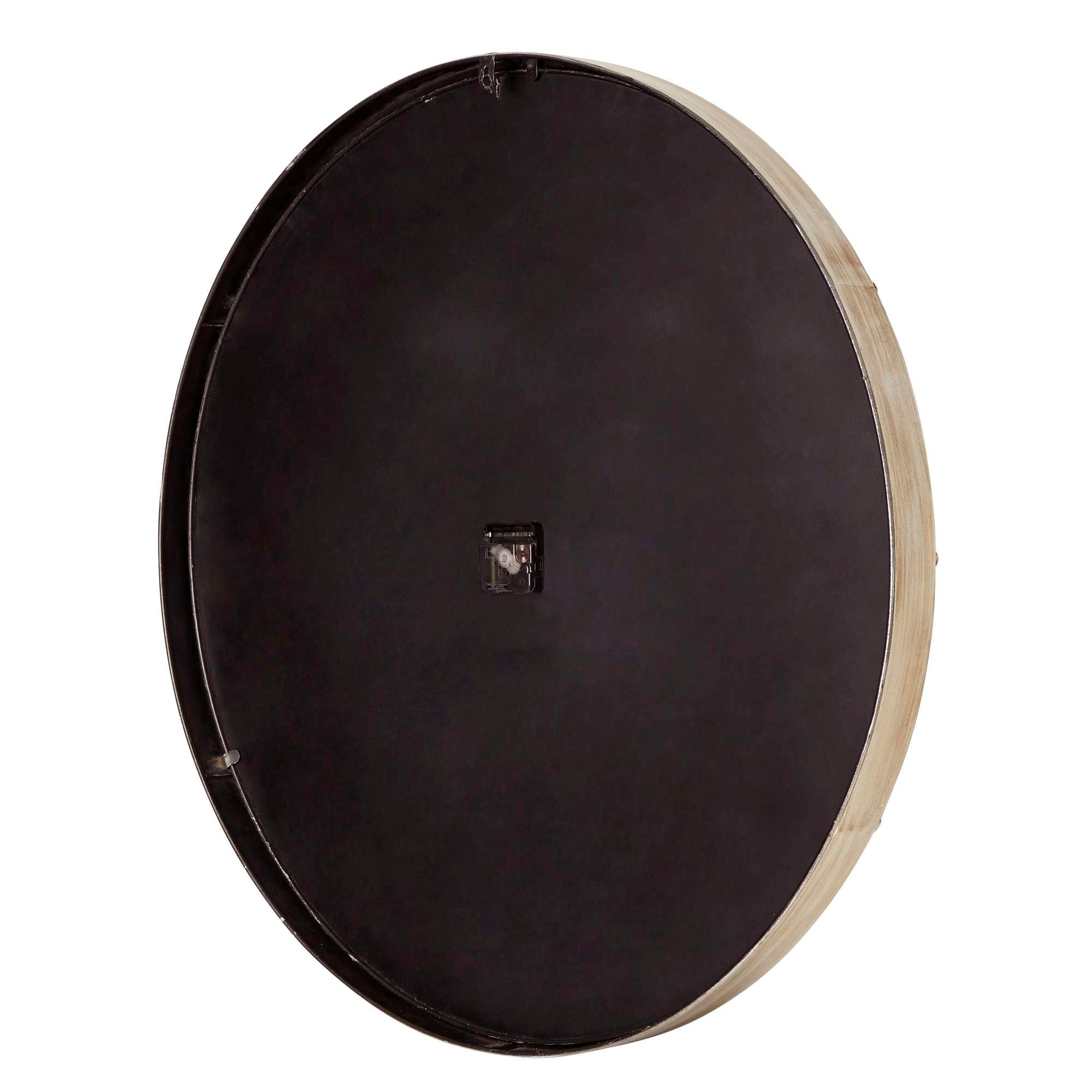 Round black wall decoration with a wooden frame