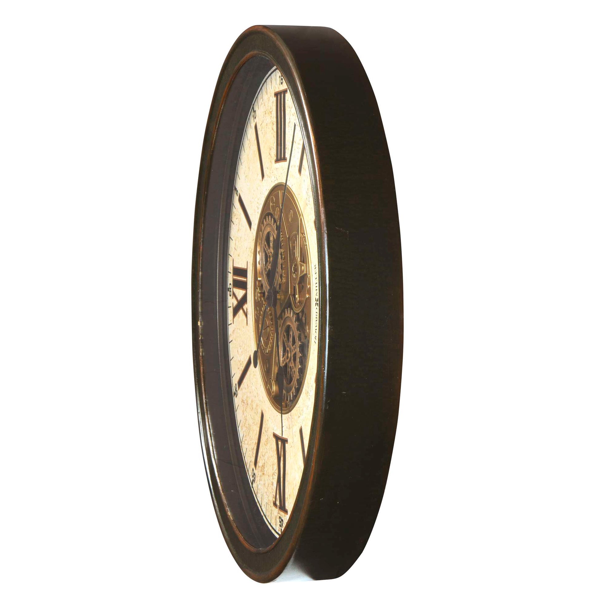 A vintage wall clock showing Roman numerals