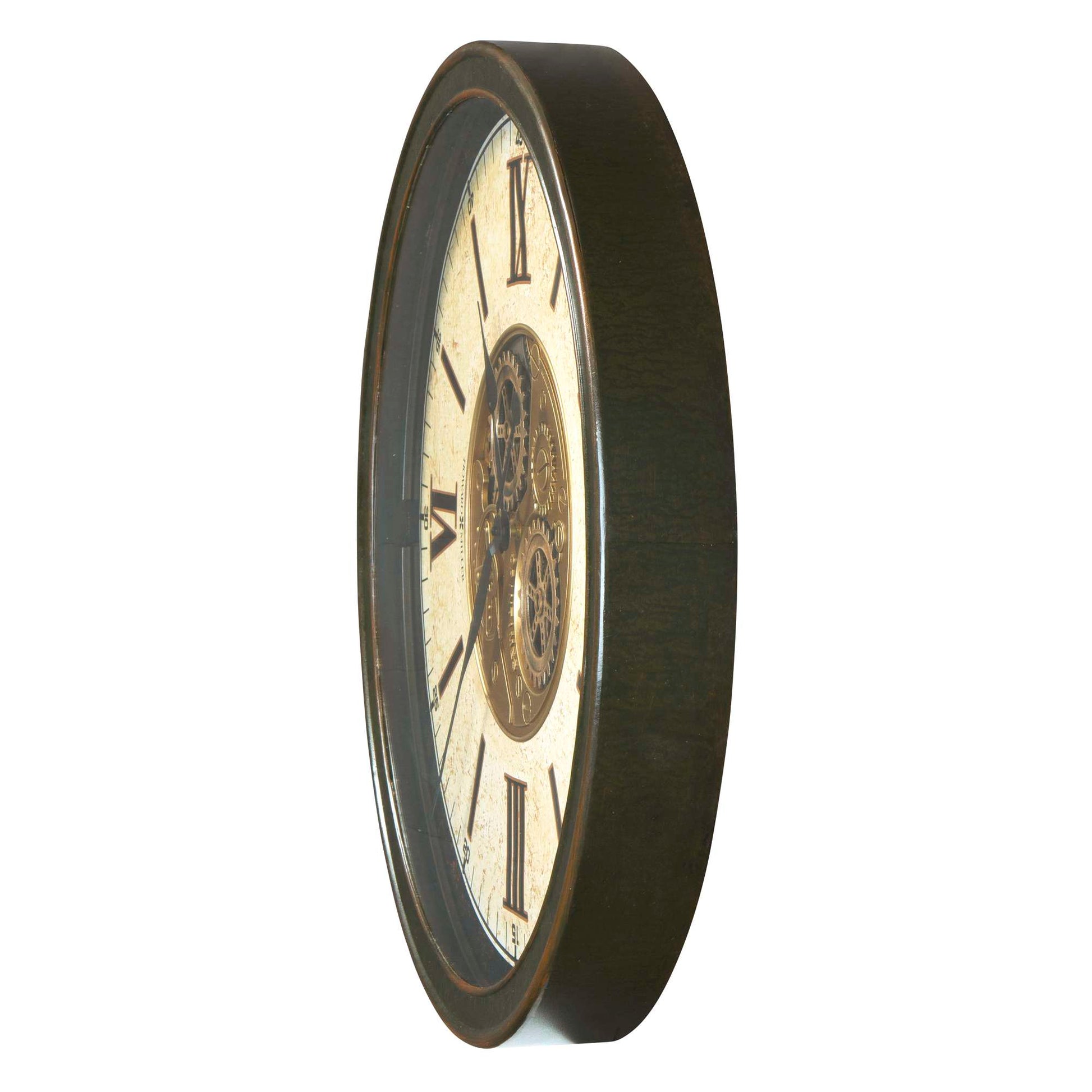 A vintage wall clock with Roman numerals and an ornate design.