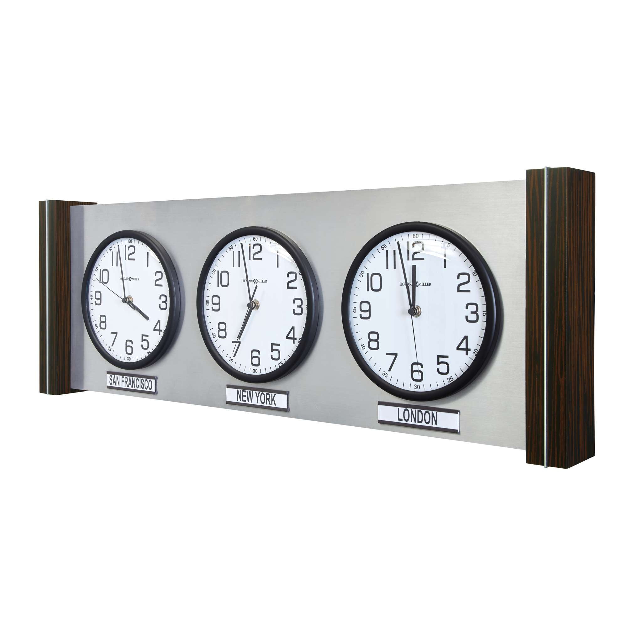 A wall clock with three time zones: New York, London, and one other location.