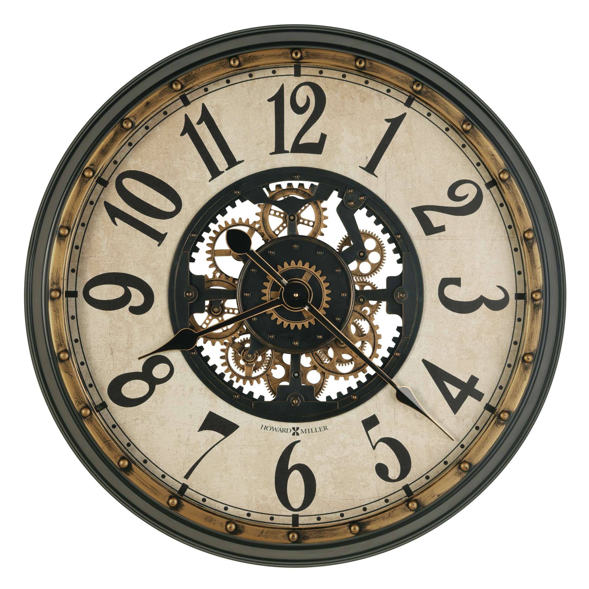 A vintage-style wall clock with visible gears and Roman numerals.