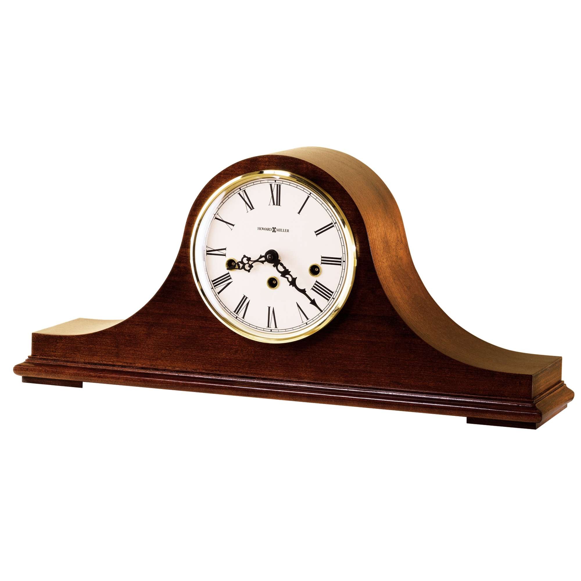Classic wooden mantel clock with a white face and Roman numerals.