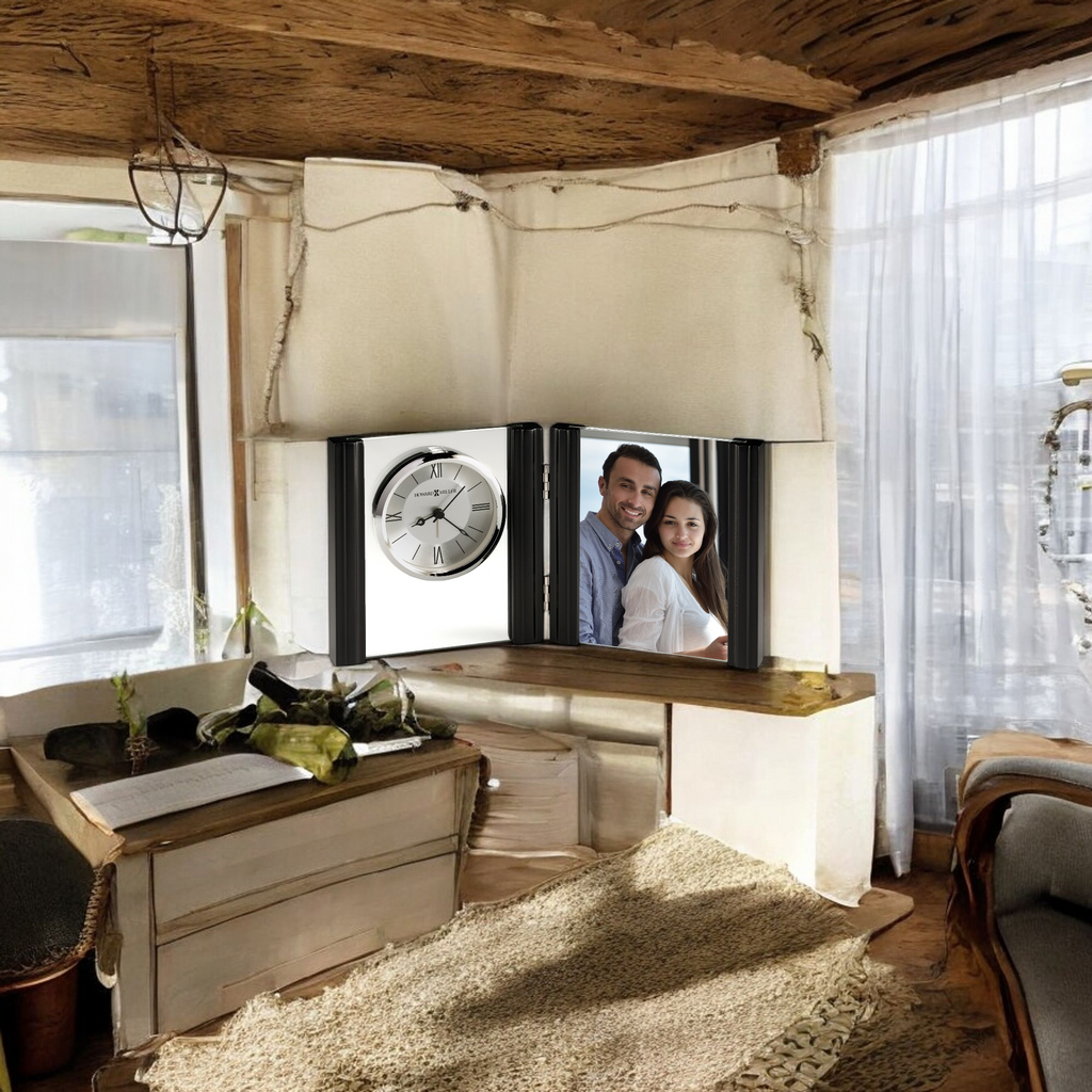 A cozy interior featuring a couple smiling through a window, with a clock visible on the wall.