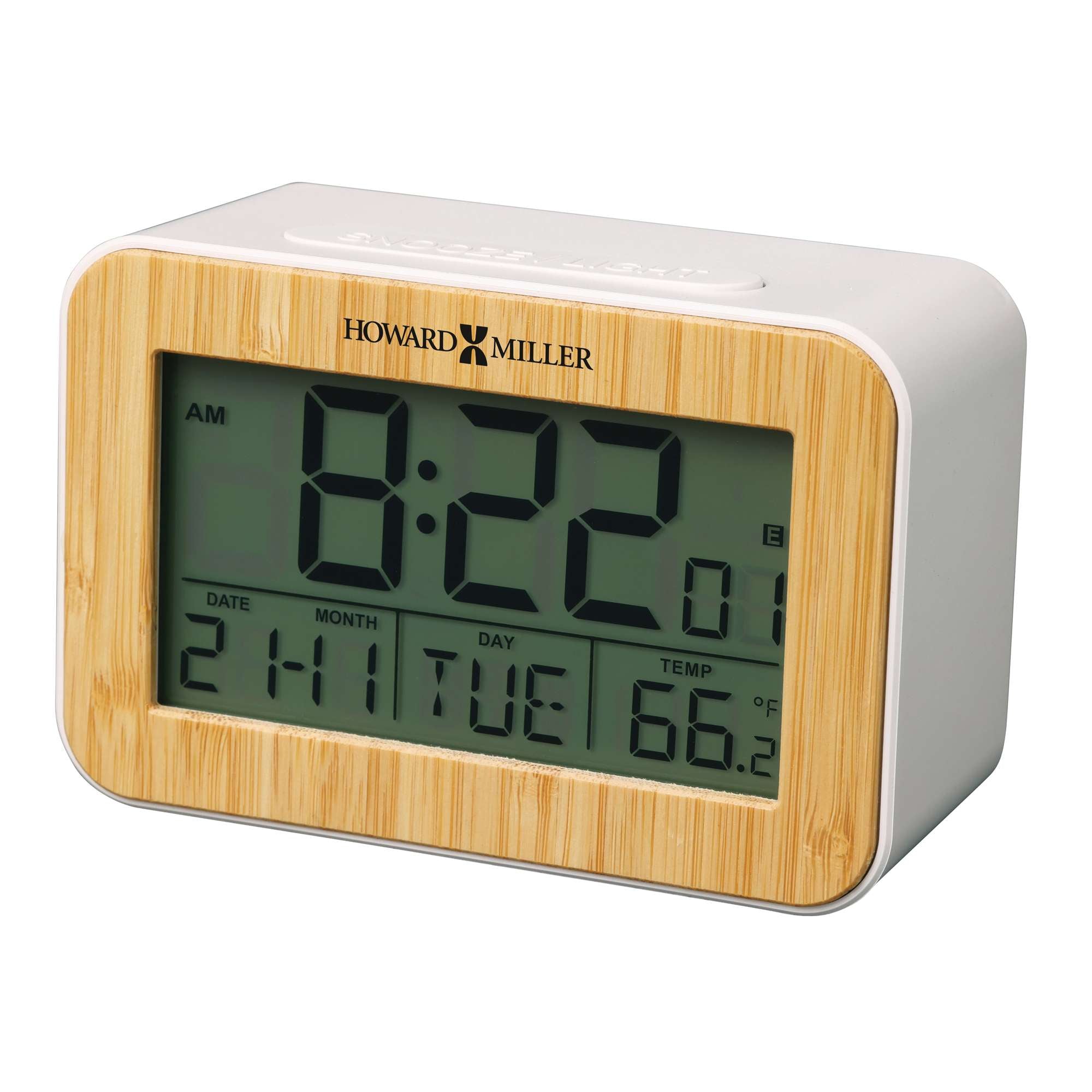 Digital alarm clock with bamboo design showing the time 8:22 AM