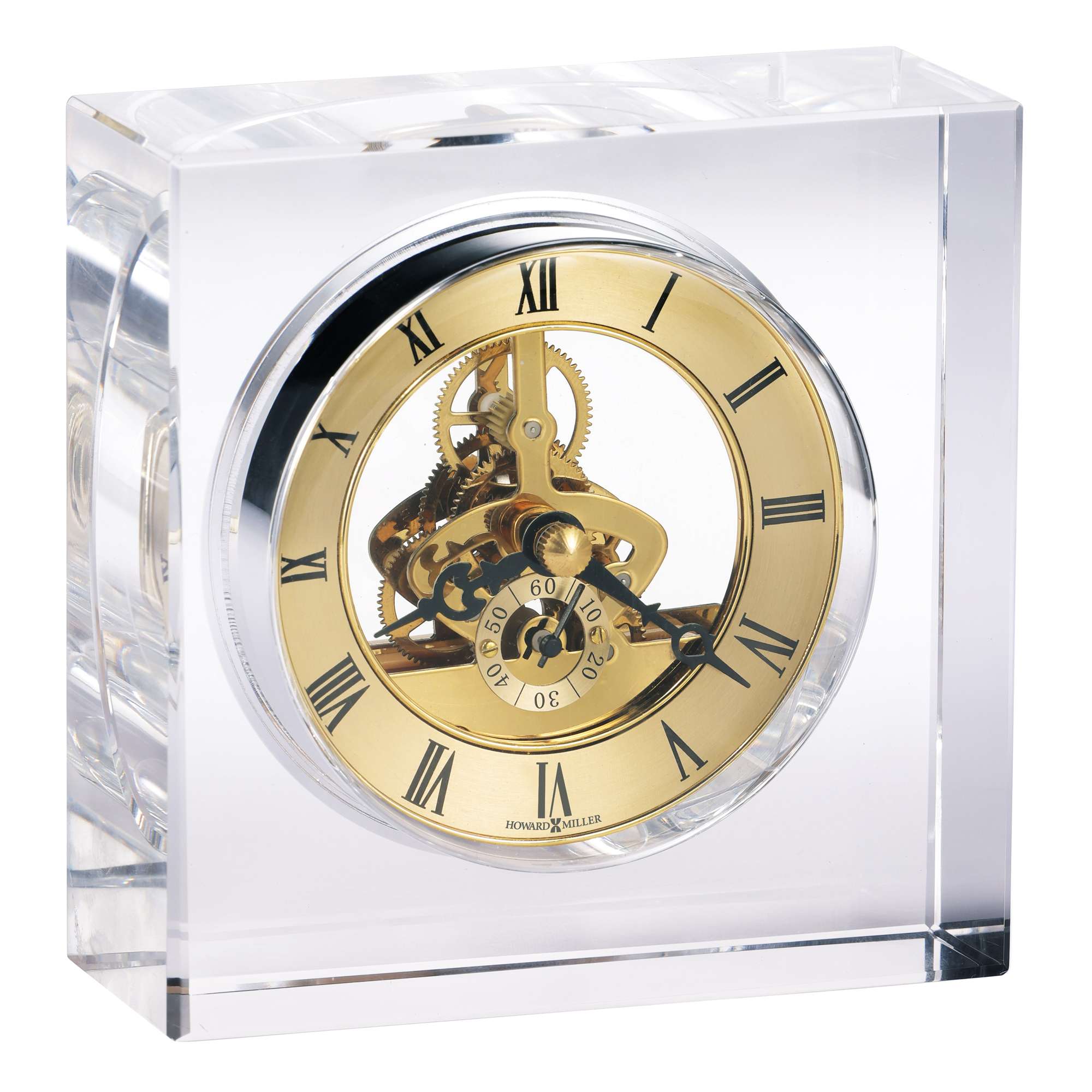 A decorative crystal clock with a visible gold mechanism and Roman numerals.