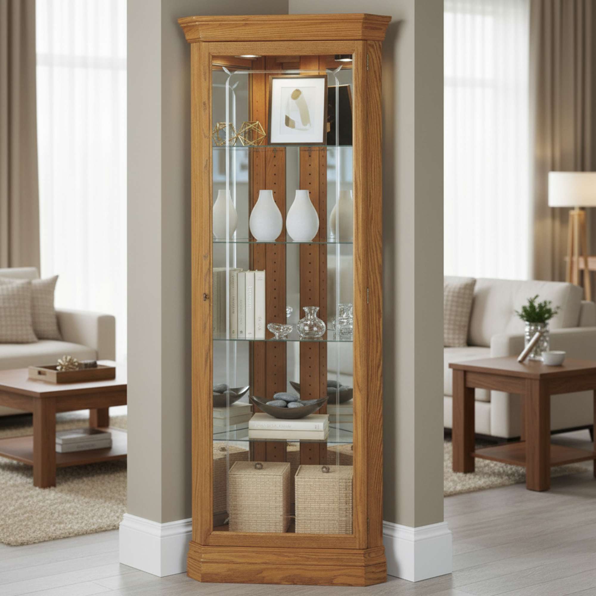 A tall wooden display cabinet with glass doors, showcasing decorative items and vases in a modern living room setting.