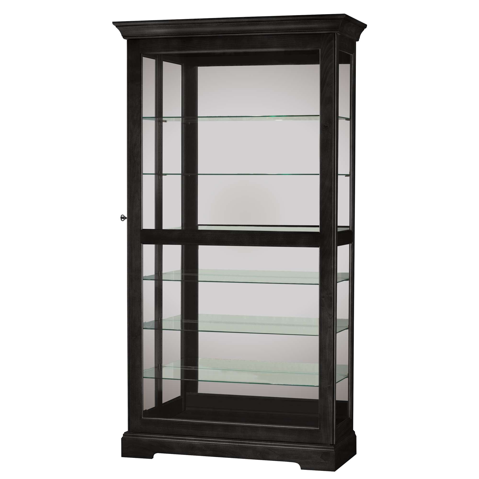 Tall black display cabinet with glass shelves