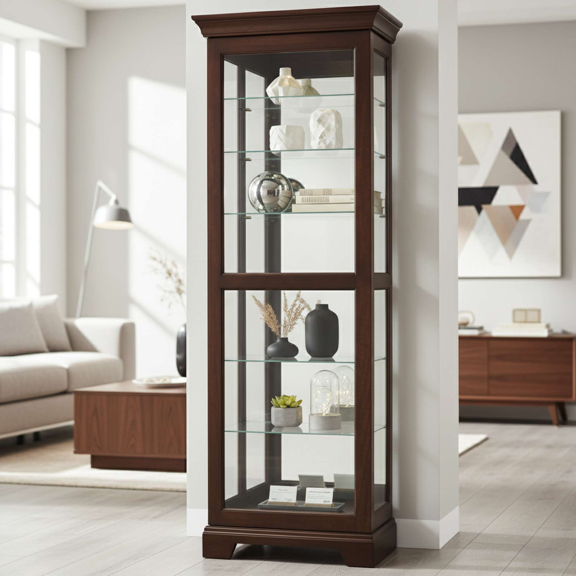 Modern glass display cabinet in a bright living room