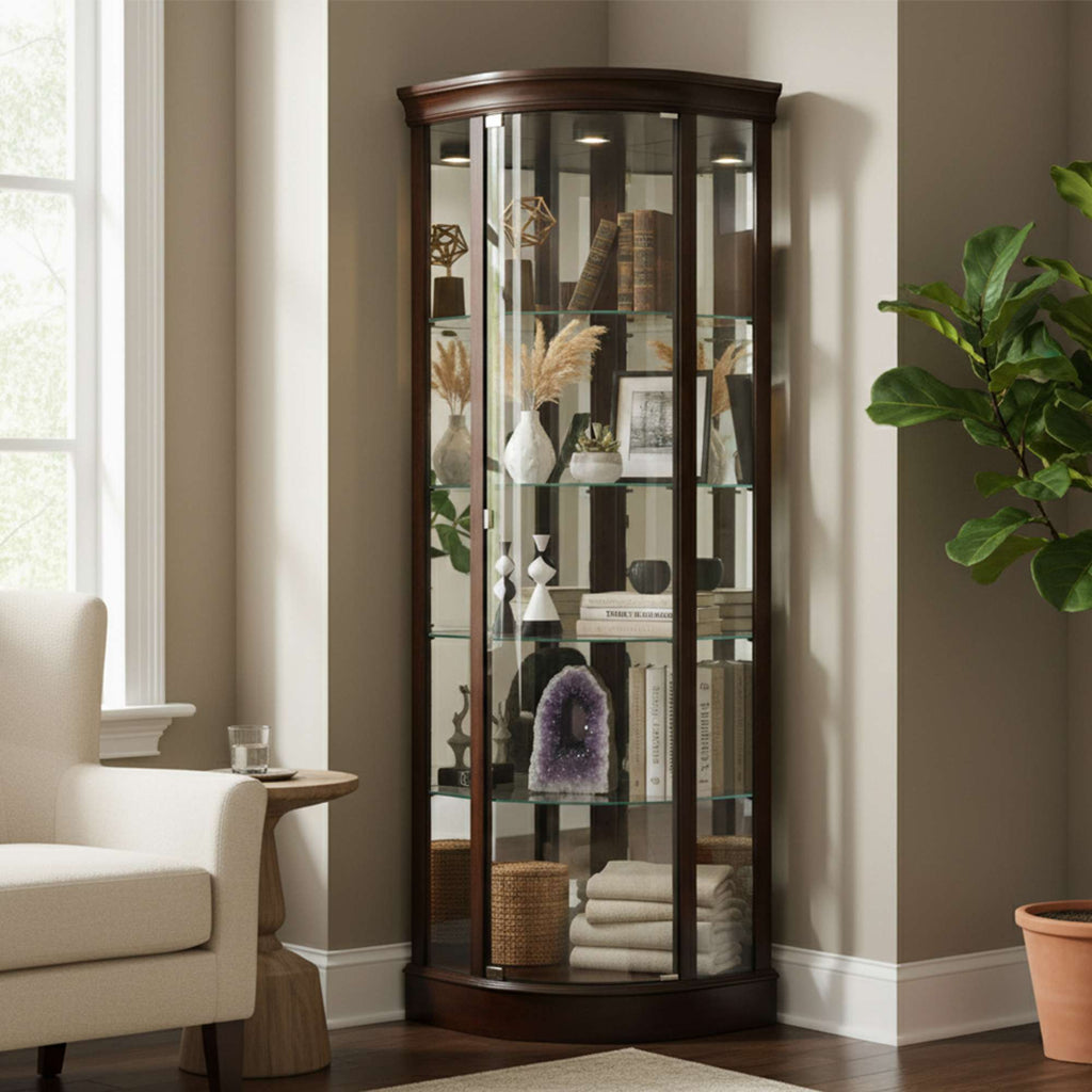 A modern glass display cabinet showcasing decorative items, plants, and books in a well-lit room.