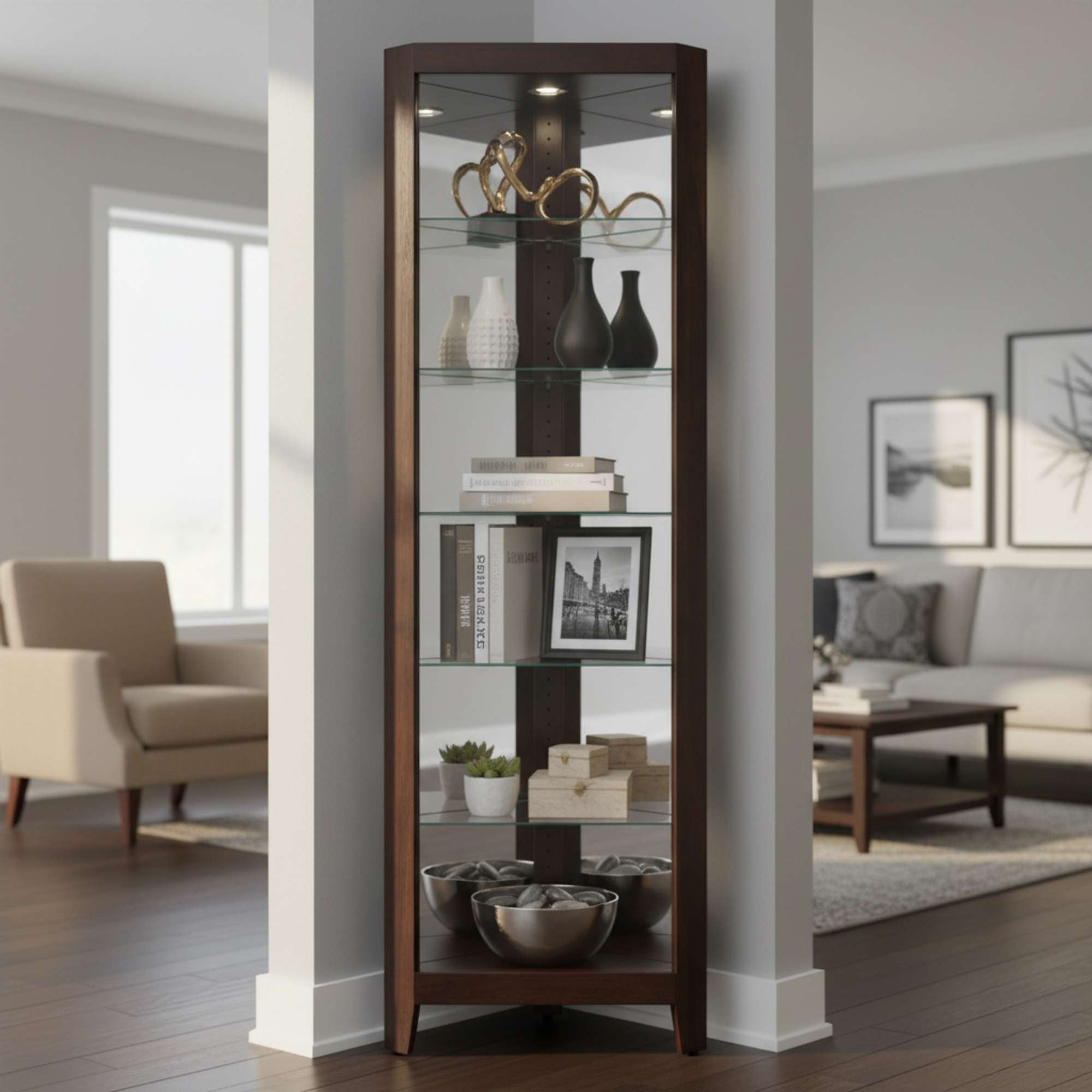 A modern wooden display cabinet with glass shelves featuring decorative items, set in a living room.