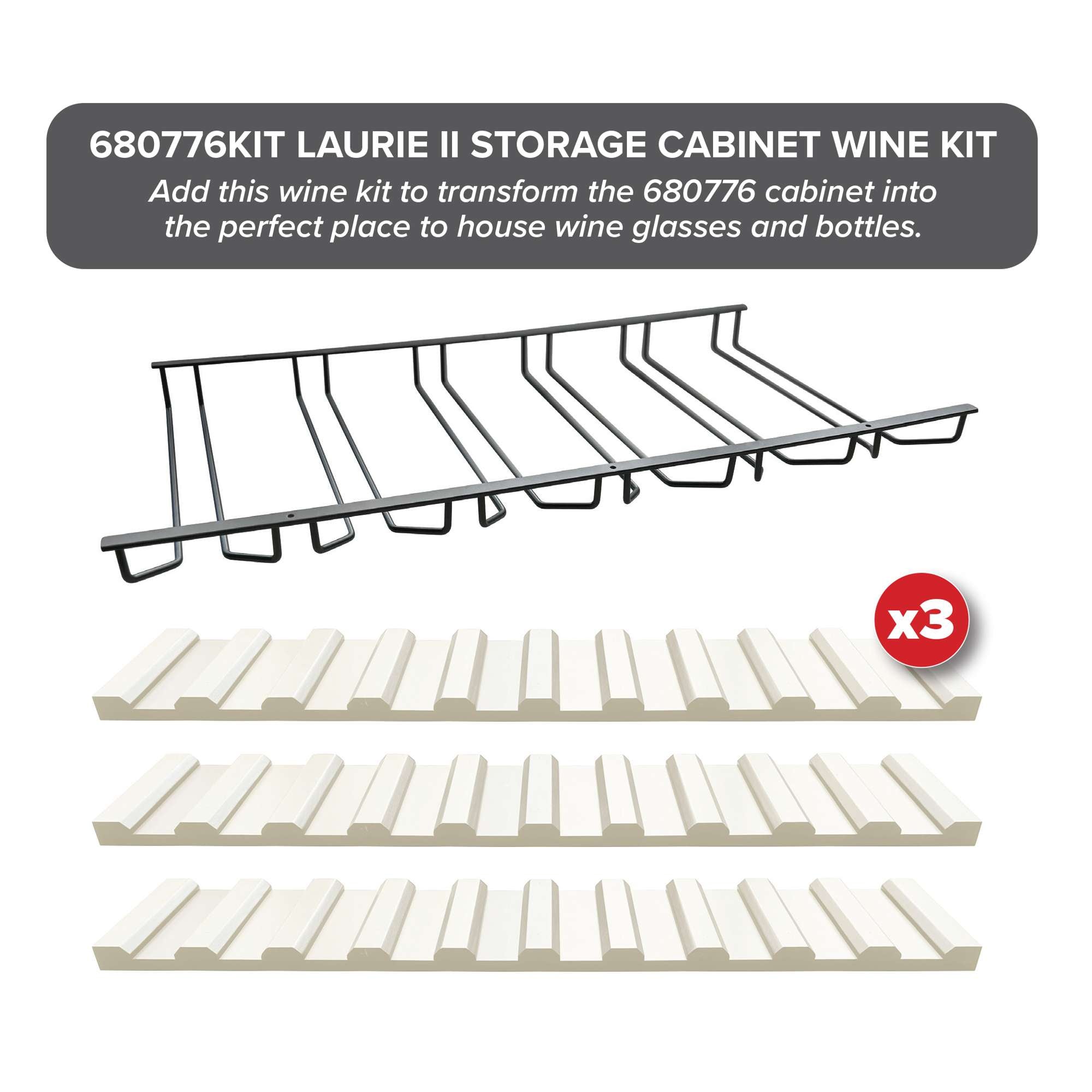 Storage cabinet wine kit with racks and dividers for wine glasses and bottles.