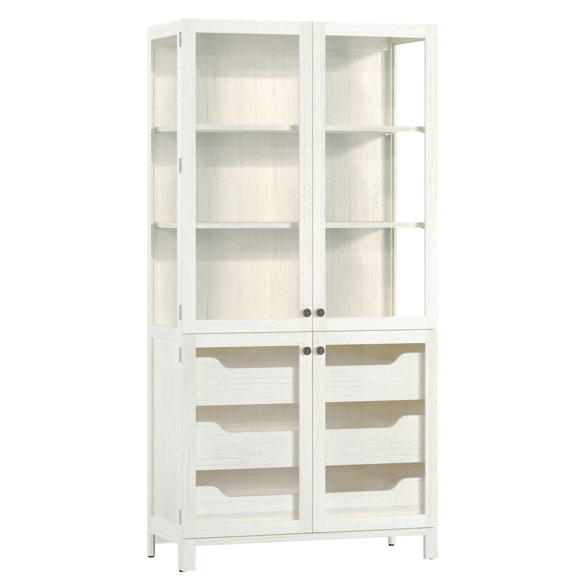 White wooden cabinet with glass doors and shelves