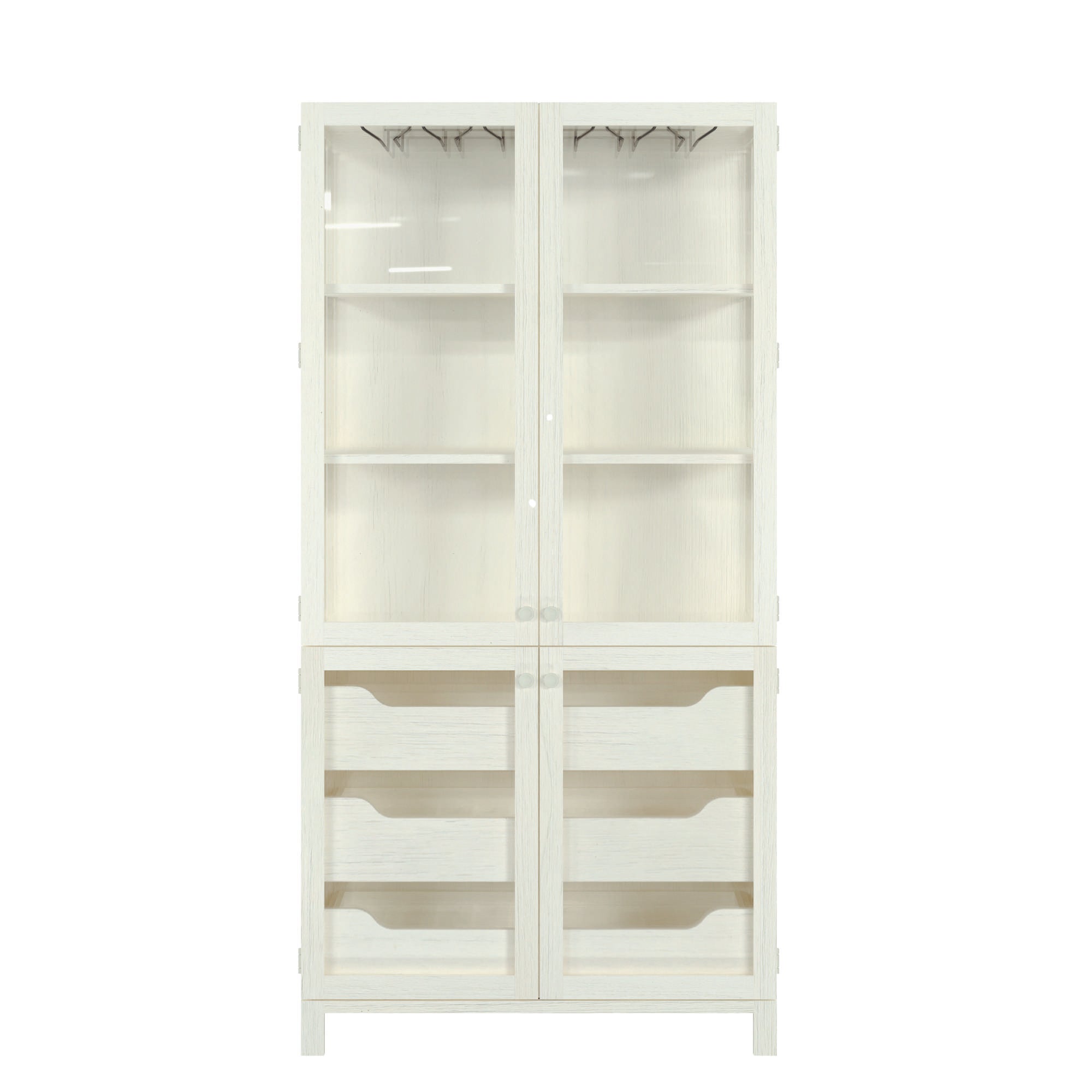 White wooden cabinet with glass doors and shelves.