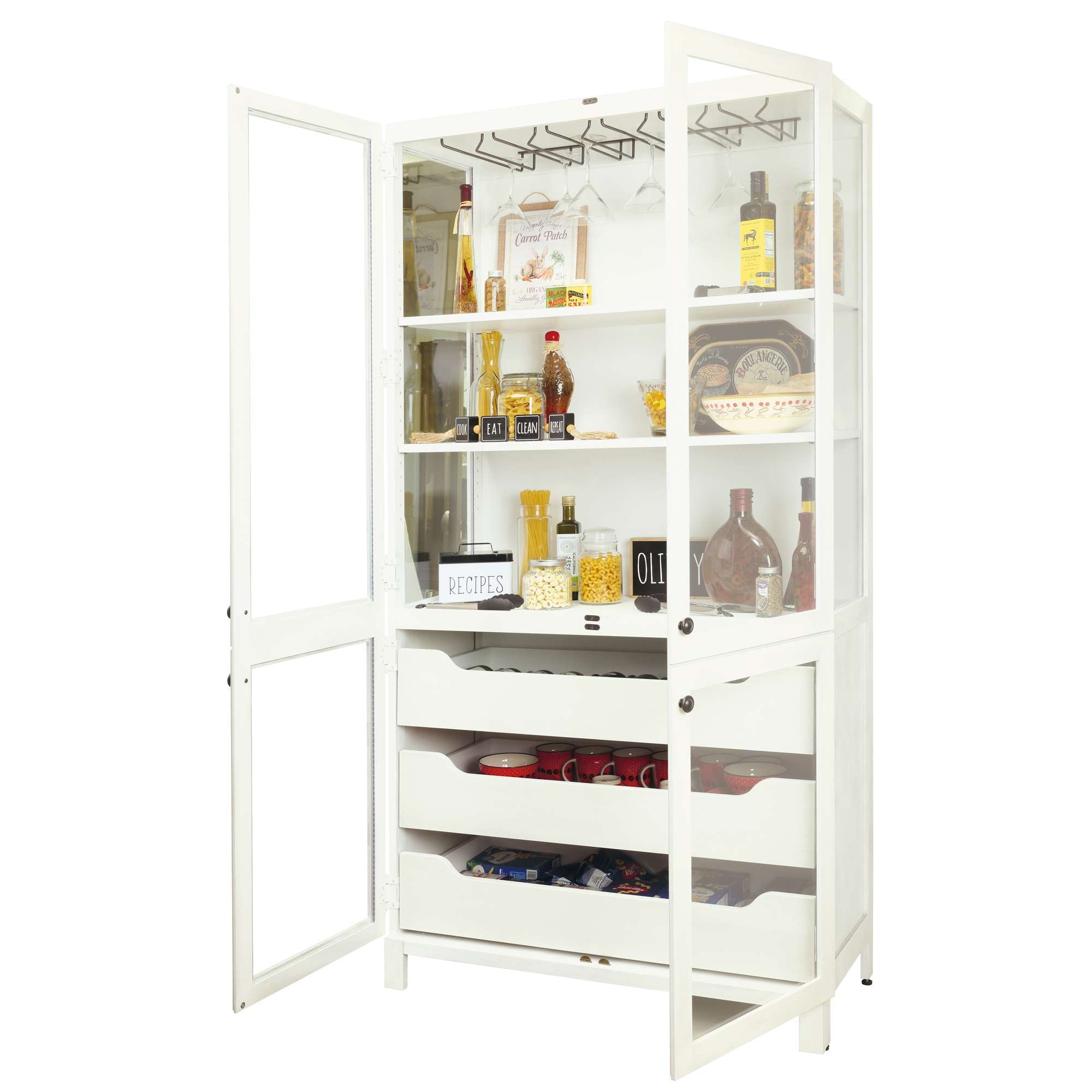 A white cabinet with glass doors, displaying various bottles and jars on shelves.