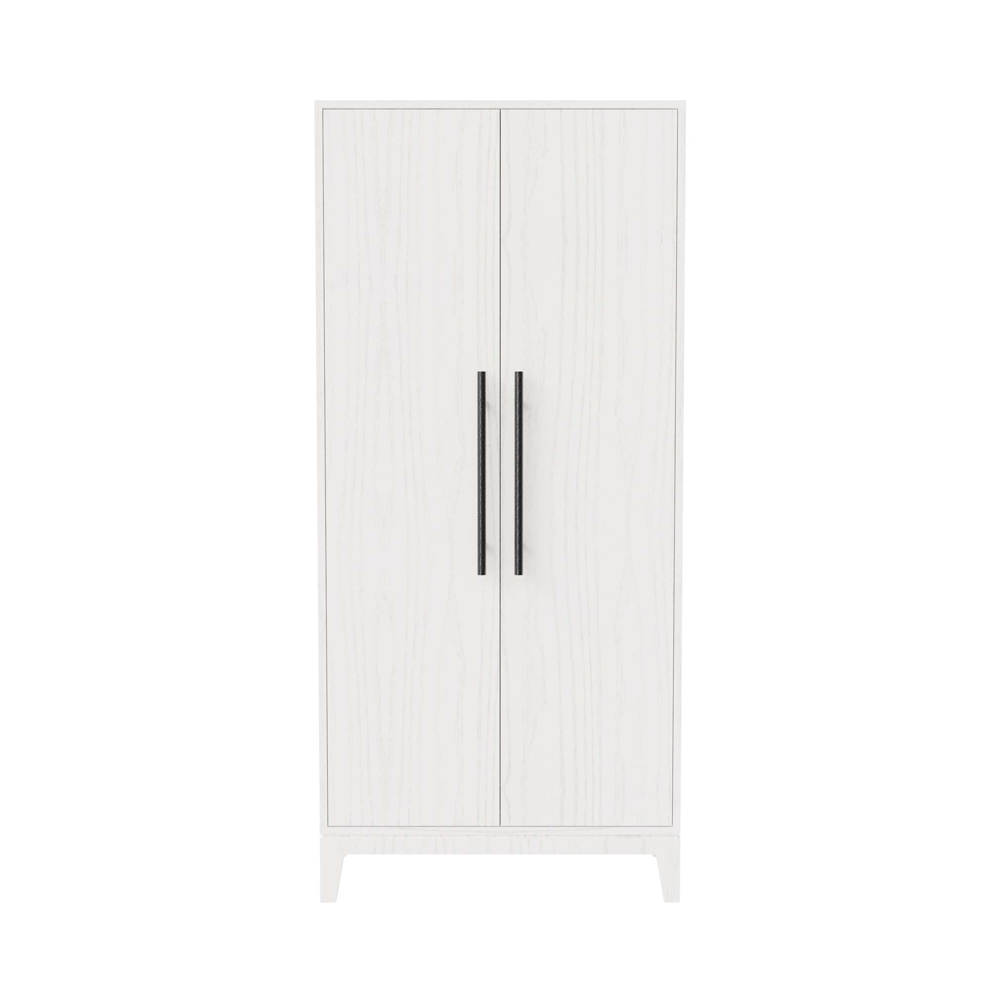 White wooden wardrobe with double doors and black handles