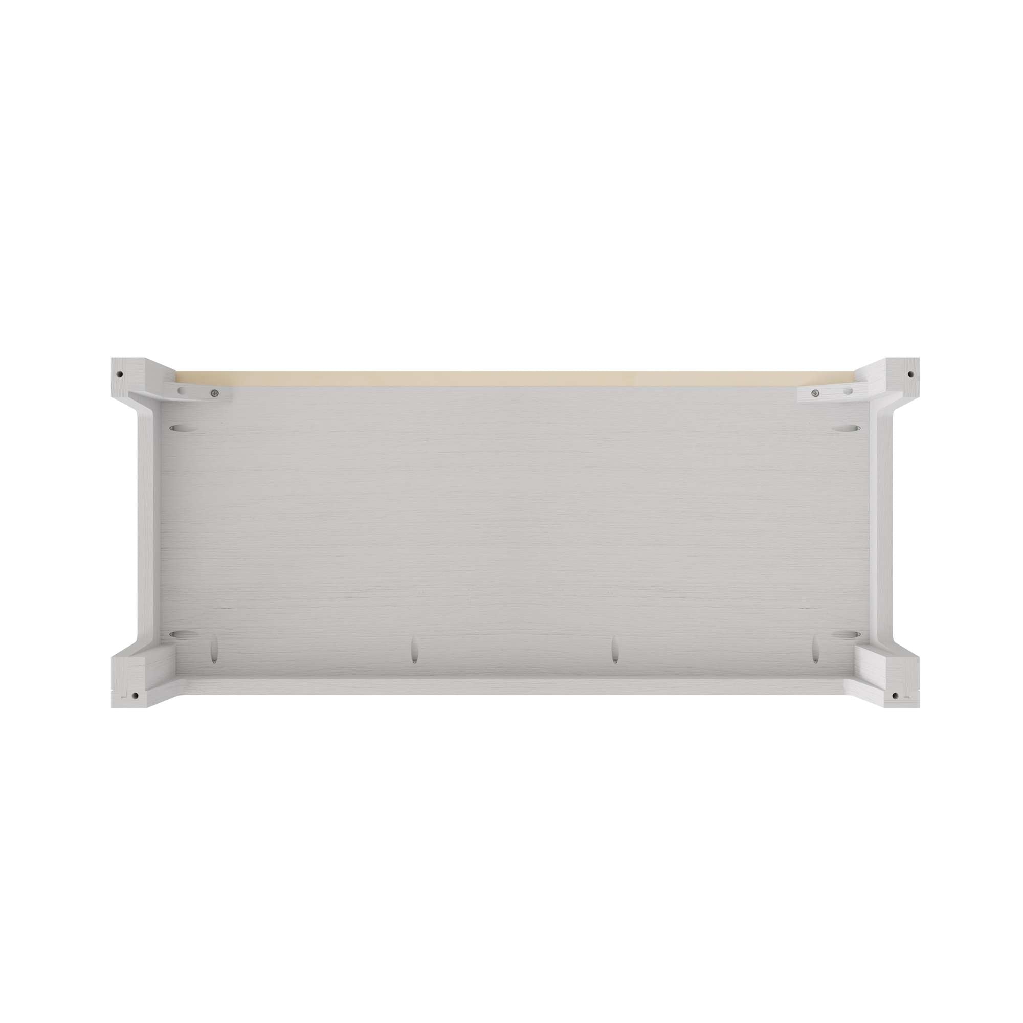 Top view of a minimalist gray shelf with wooden accents.