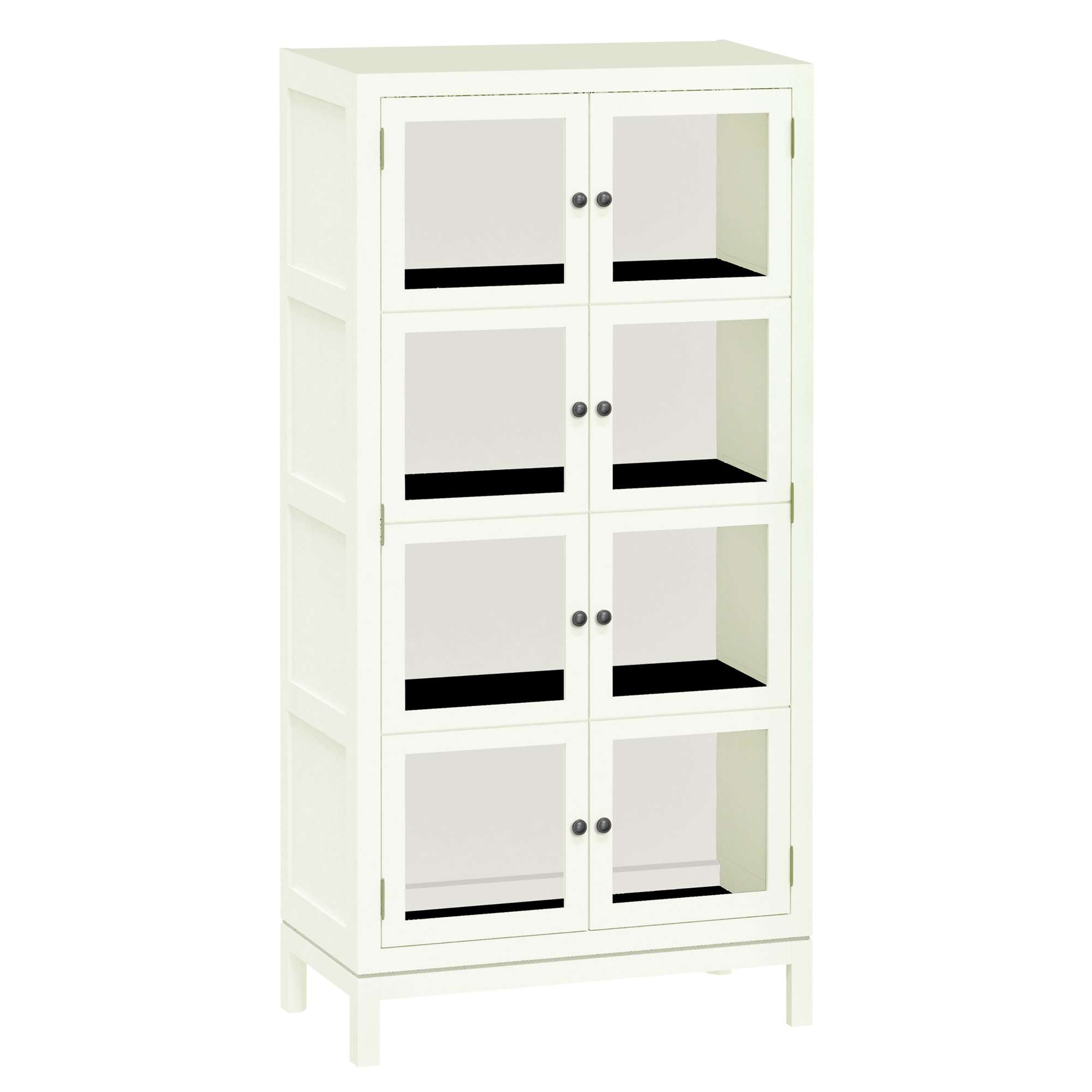 A tall, white display cabinet with glass doors and six shelves.