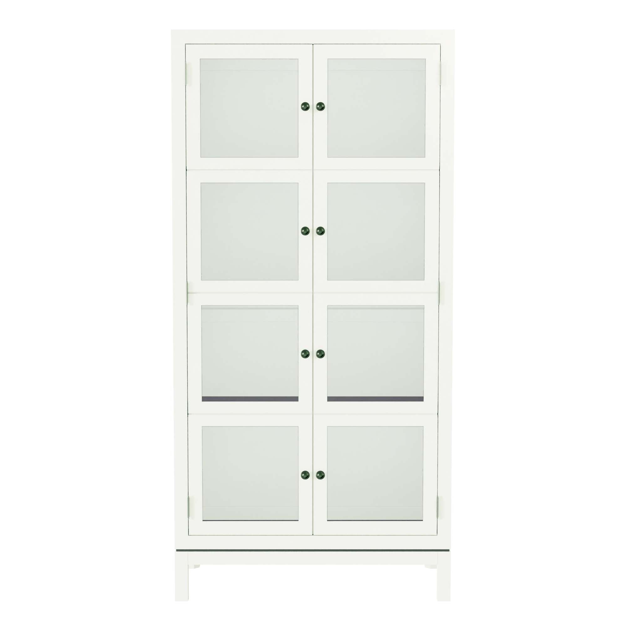 A tall white cabinet with glass doors and green knobs.